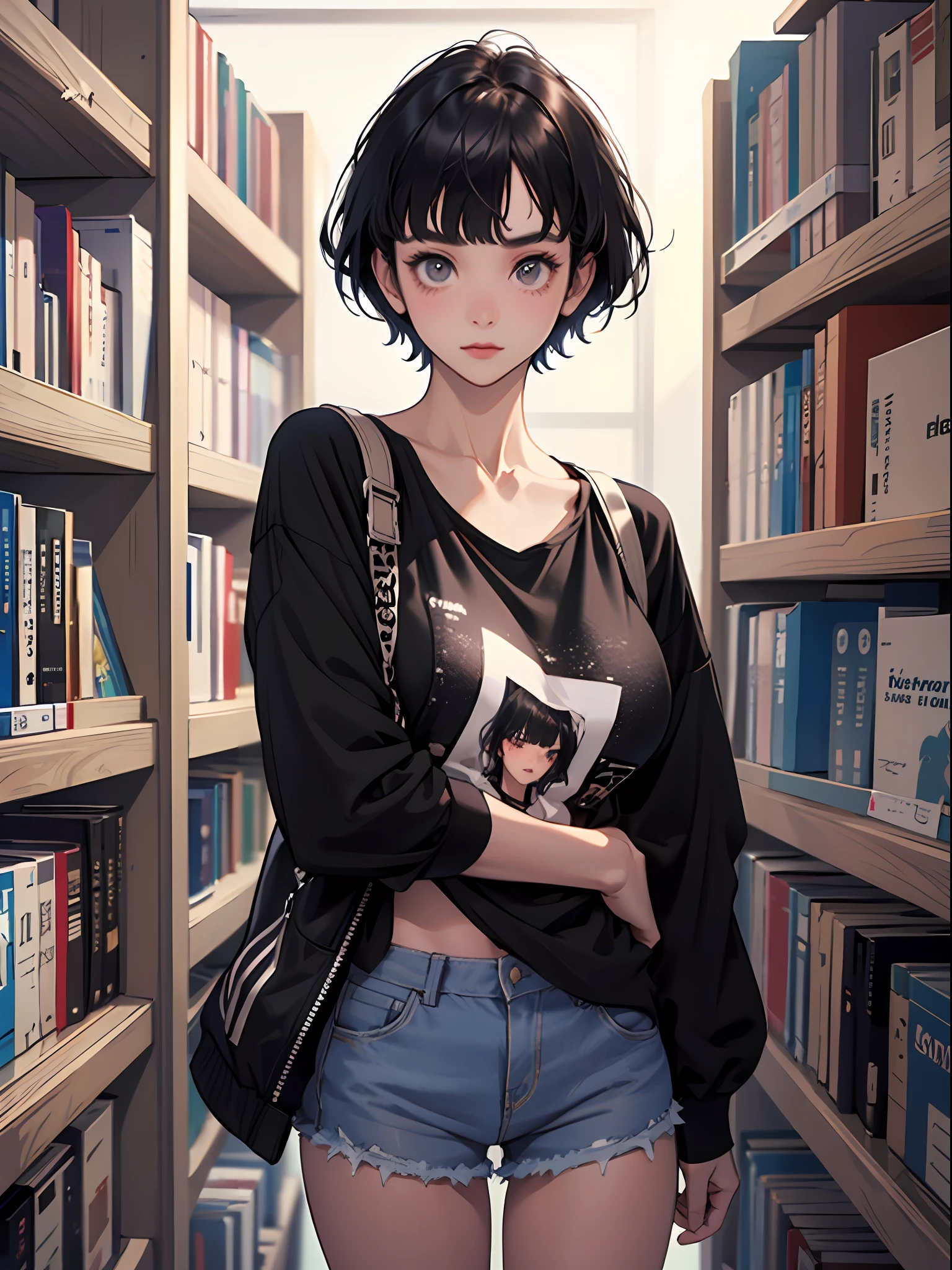 18 year old young girl : 1.3, short black hair: 1.2, Casual wear: 1.2, Daytime: 1.2,In the library: 1.2, Film lighting, Surrealism, UHD, ccurate, Super detail, textured skin, High detail, Best quality, 8k,Thin bangs