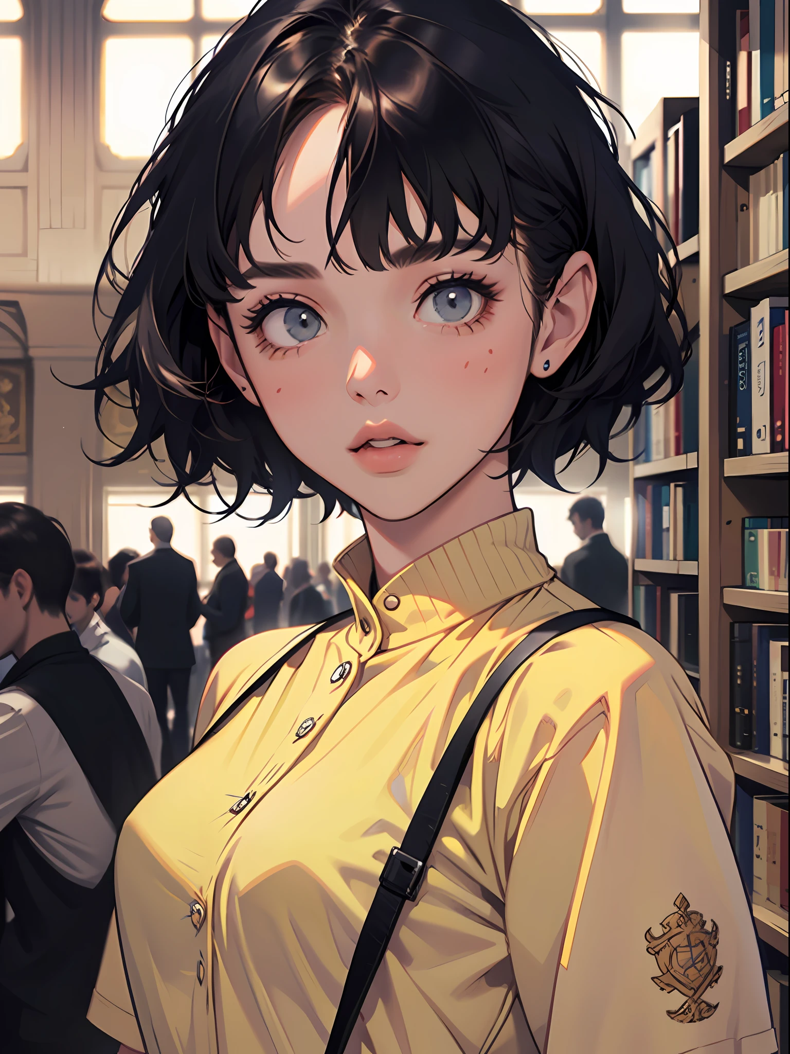 18 year old young girl : 1.3, short black hair: 1.2, Casual wear: 1.2, Daytime: 1.2,In the library: 1.2, Film lighting, Surrealism, UHD, ccurate, Super detail, textured skin, High detail, Best quality, 8k,Thin bangs