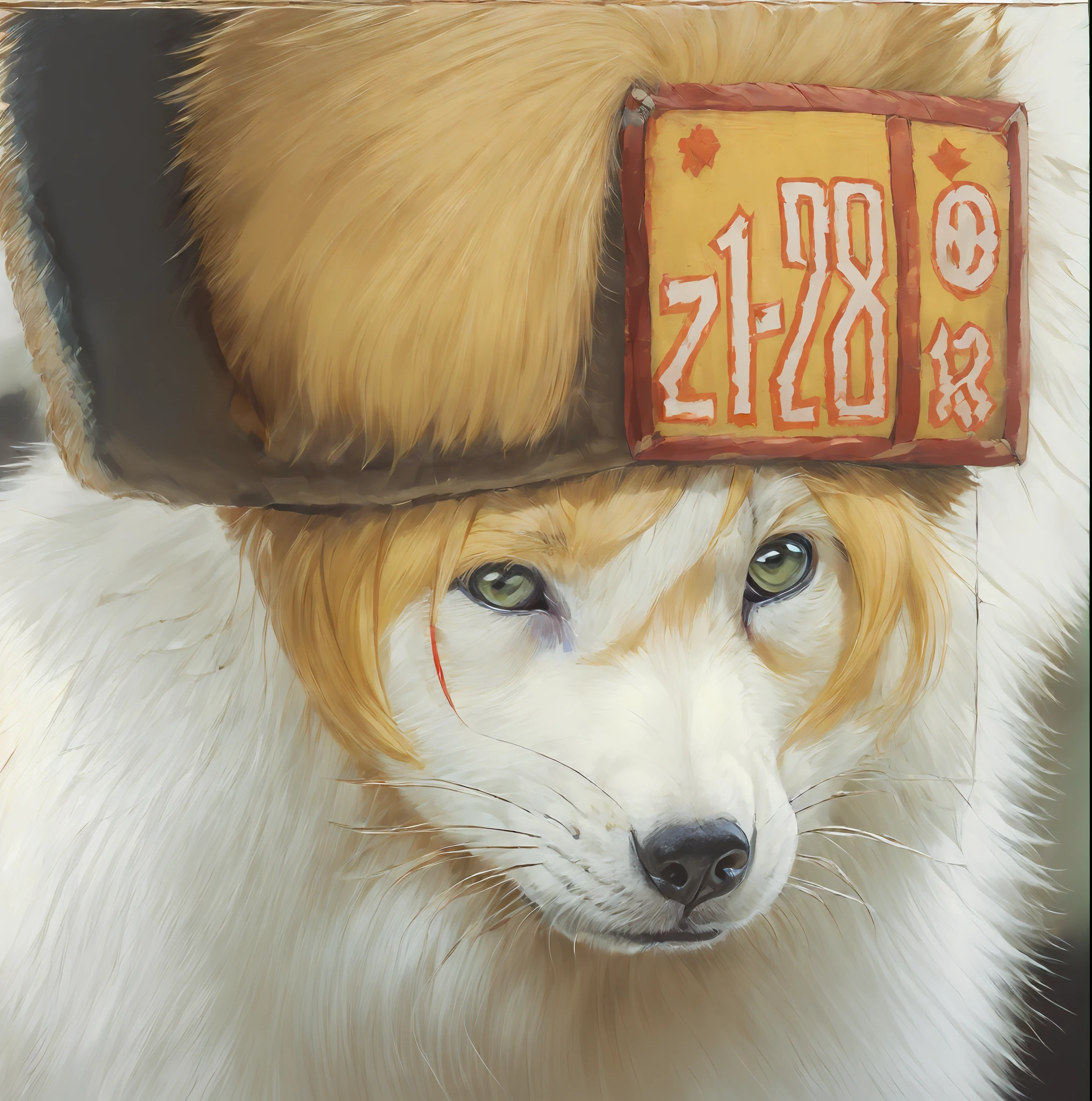 White anime fox with a hat on his head blonde hair, Arte peluda!!!, Arte peluda, arte peluda muito bonita, vencedor do concurso pixiv, raposa, Furry arte POV, retrato!!! Estilo Mononoke-Hime, Anime peludo, !8k!, por Shingei, Retrato de personagem peludo, Pixiv