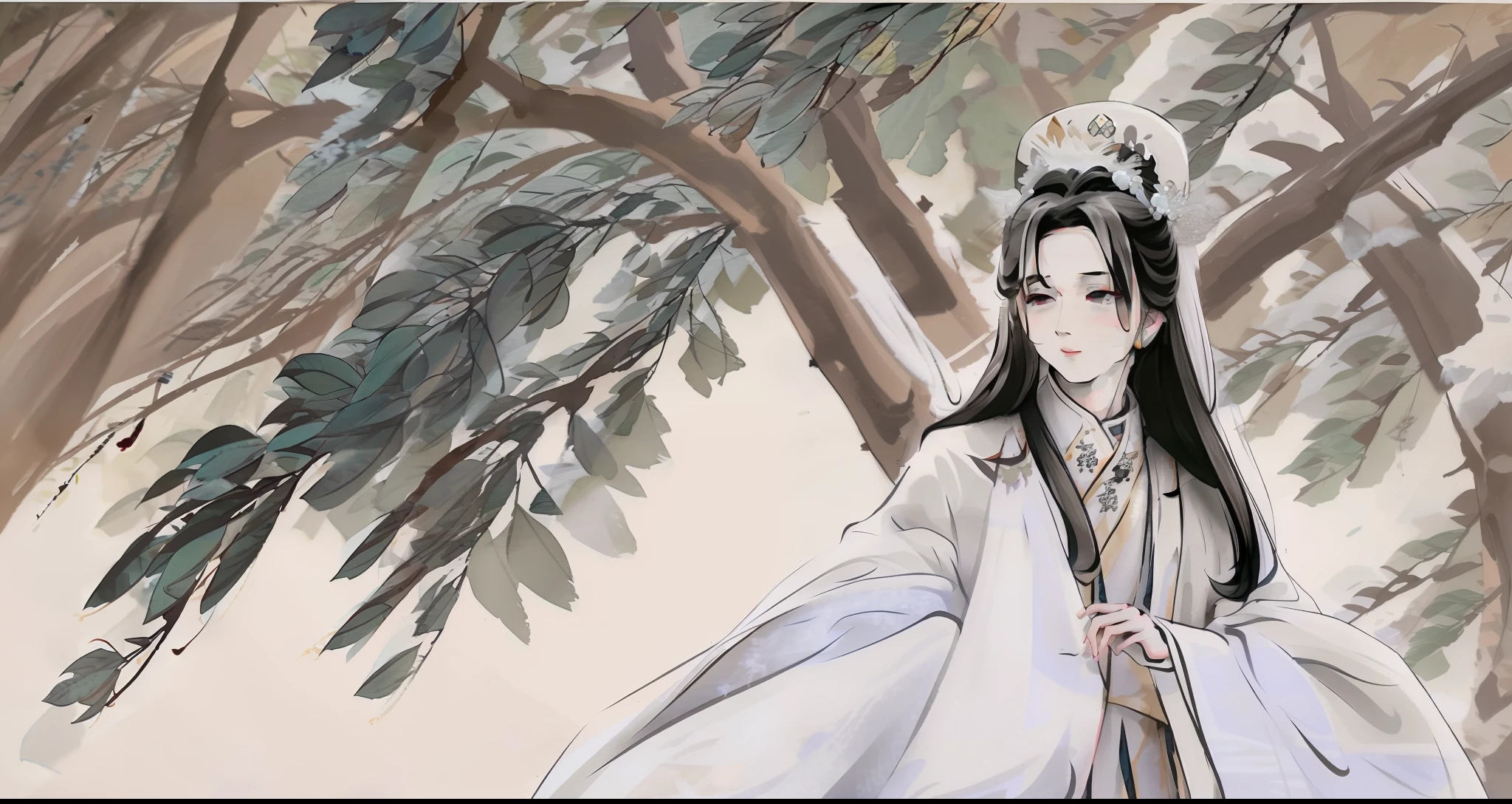 Under the tree, the white hair is dashing, and the white Han dress is handsome and young