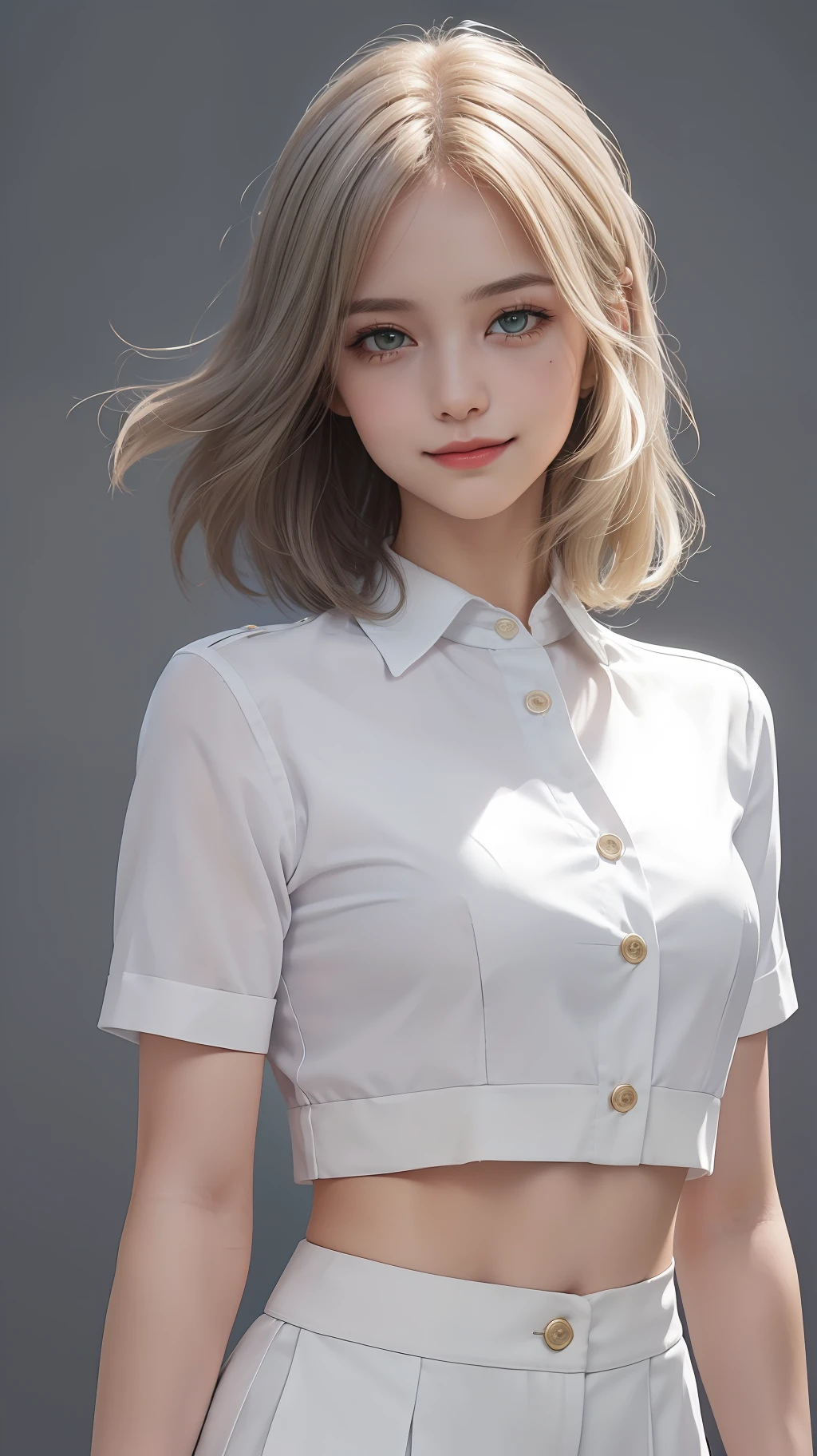 1girl,beautiful vintage color, instagram (photorealistic, high resolution:1.4), ((puffy eyes)), looking at viewer, , full body (8k, RAW photo, best quality, masterpiece:1.2), (realistic, photo-realistic:1.37),(sharp focus:1.2), professional lighting, photon mapping, radiosity, physically-based rendering, (pale skin:1.2),(small breasts:1.2), looking at viewer, (middle hair:1.5), portrait, green eyes, (sliver hair:1.1),bangs, (simple background:1.4), solo, upper body, realistic,(masterpiece:1.4),(best quality:1.4),(shiny skin),fashi-girl,makeup,smile(skinny,closed mouth,shy :1.3) ,(standing,black Stewardess uniform,Necromancer:1.1),medium bust,sexy pose ,