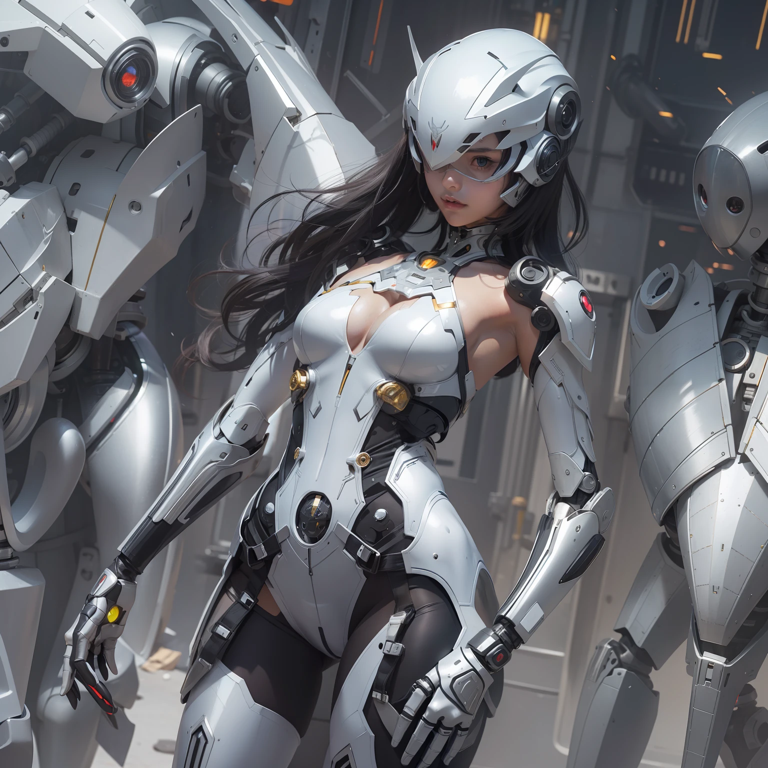 Extremely cute human eighteen year old girl face, human torso, human huge boobs, human abdomen, human hips, robotic arms, mechanical legs, arms and legs with hard white shiny shell and black joints, very beautiful and feminine, short, petite, small, small, busty buttocks, medium bust, cleavage display, flat belly display, partial helmet with antenna on the ear, black robot joints, very stylish, award-winning product design, black rubber tights, The shiny white metal breastplate opens at the cleavage and abdomen, the white metal buttocks are wrinkled, and the armor has stylish, glowing trims