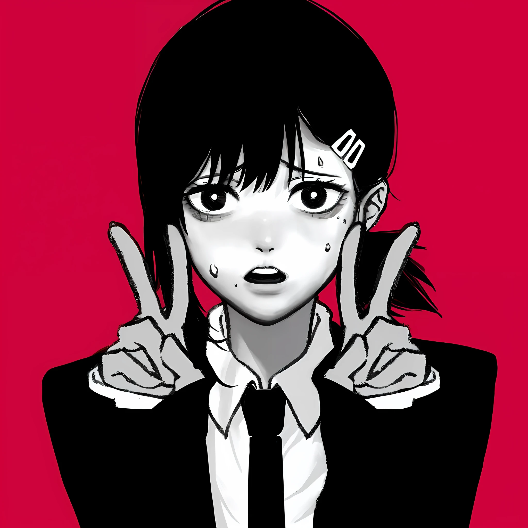 Anime girl with black hair and white shirt and tie to make peace sign, junji ito style, junji ito 4 k, art style of junji ito, akane owari danganronpa, style of junji ito, junji ito undertones, by Shinoda Toko, junji ito artwork, black and white manga style, Junko Enoshima