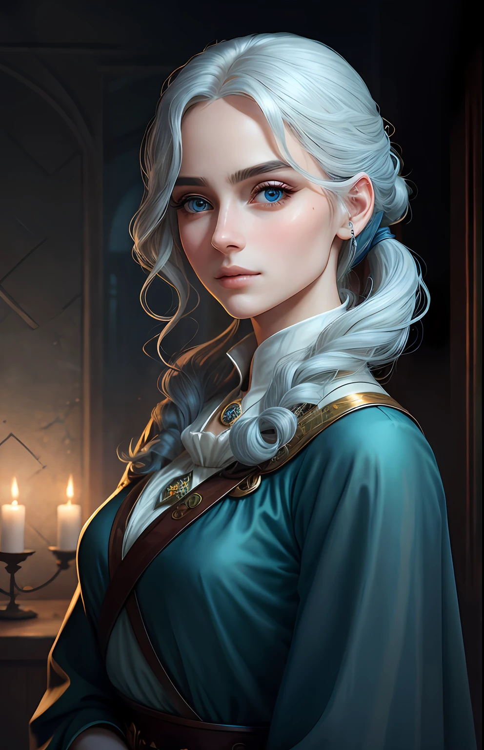animesque、One Person17Beautiful woman of age、Moisturized eyes、ciri、a picture、androgynous hunnuman、oval jaw、Delicate features、beautiful expression、The hair、Long bangs、long pony tail、Blue eyes with a beautiful glow、LDS Art