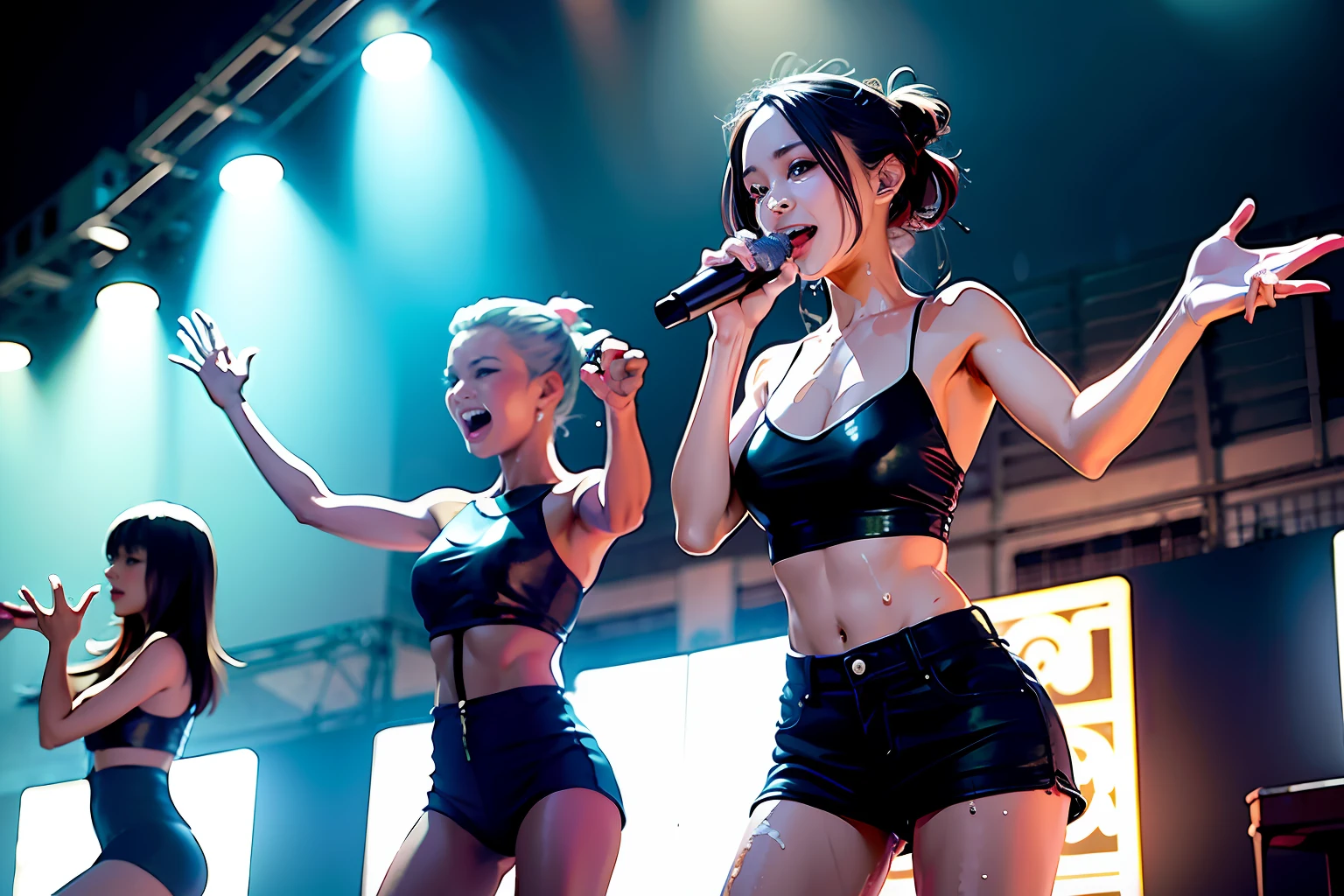 Three women dressed in black stand in the rain, glossy from rain, Soaked, dancing in the rain, rain!!!!, cindy avelino, Drenched Body, Wearing sweat,Dirty, rained, wash off in the rain, rained!, Performing on stage, Wet look, Execution, flesh body ) Wet, strong rain night, profuse sweat, dilraba dilmurat