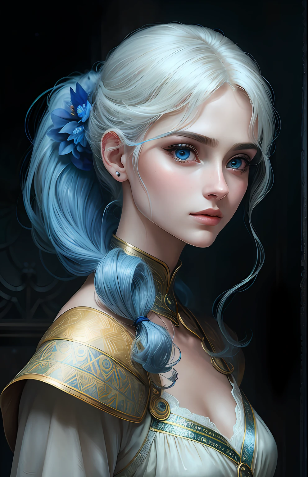 animesque、One Person１７Beautiful woman of age、Moisturized eyes、ciri、a picture、androgynous hunnuman、oval jaw、Delicate features、beautiful expression、The hair、Long bangs、long pony tail、Blue eyes with a beautiful glow、LDS Art