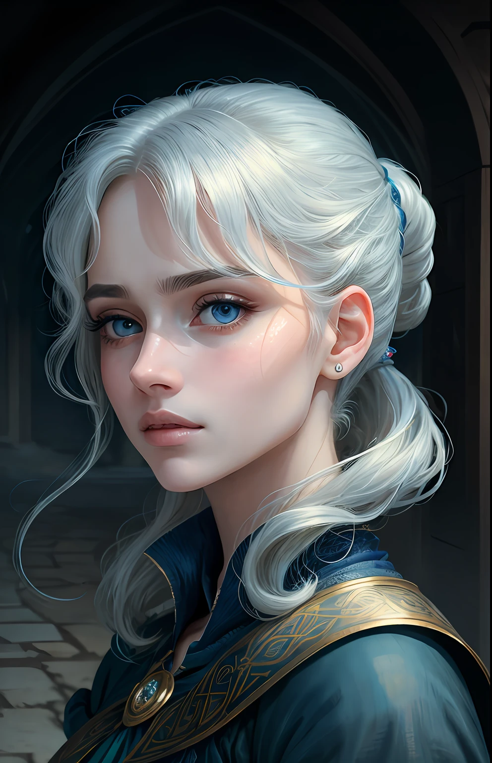 animesque、One Person１７Beautiful woman of age、Moisturized eyes、ciri、a picture、androgynous hunnuman、oval jaw、Delicate features、beautiful expression、The hair、Long bangs、long pony tail、Blue eyes with a beautiful glow、LDS Art
