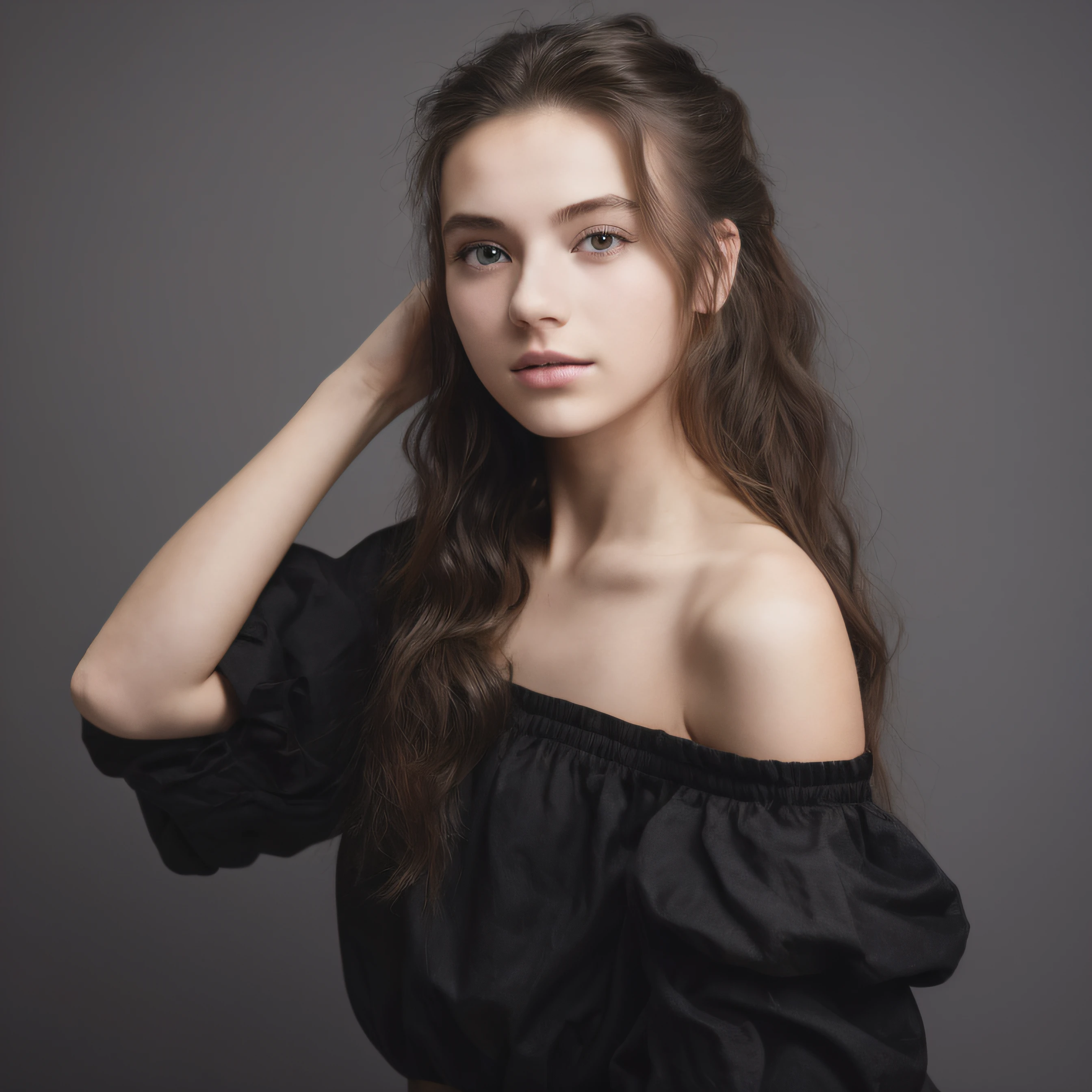 White skin, Cool girl, , European and American model, Hair tied up, Black stylish off-the-shoulder clothes, Long Boha, Simple white background, Photography, Half shot, Positive perspective, Ultra high quality, Aperture 8, Studio light, outline light, 8K