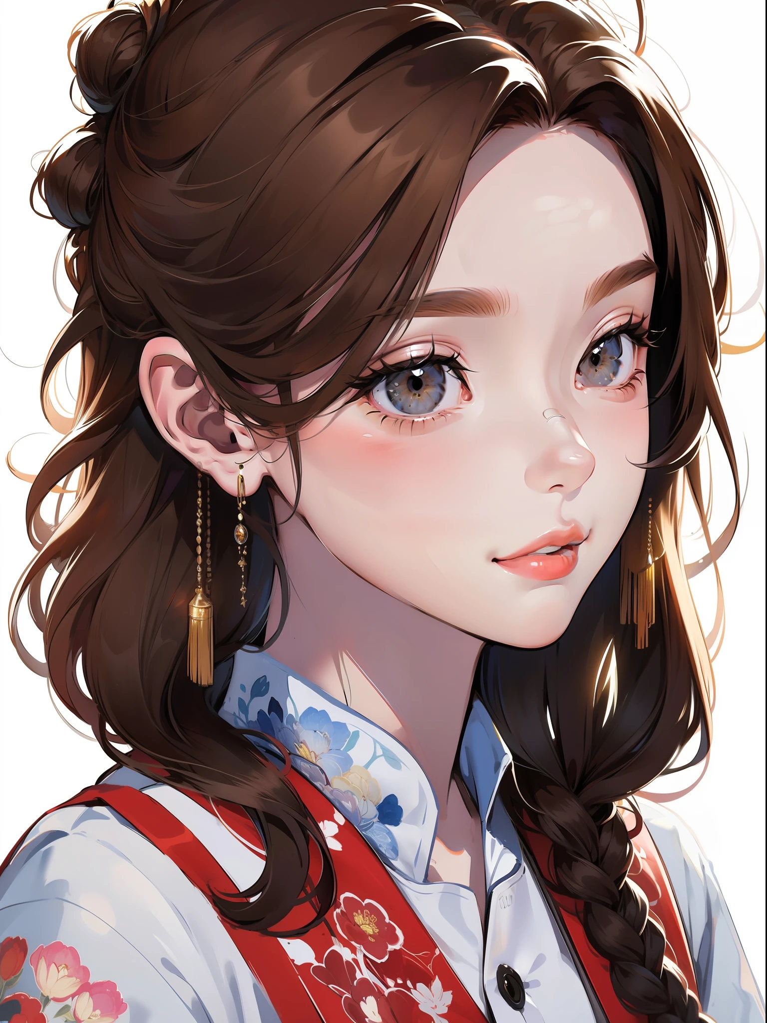 anime, watercolor, Chinese, painting, art style, (white background: 1.4), original, (illustration: 1.1), (best quality), (masterpiece: 1.1), (color: 0.9), (medium lens: 1.4), upper body, clear and sharp focus, interior, looking at the viewer, ((beautiful)), beautiful face, brown hair, black eyes, drawing,