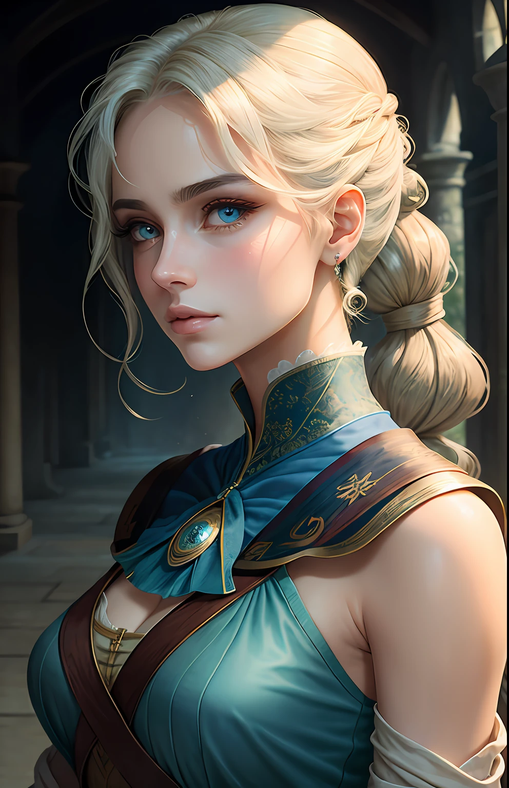 animesque、One Person17Beautiful woman of age、Moisturized eyes、ciri、a picture、androgynous hunnuman、oval jaw、Delicate features、beautiful expression、The hair、Long bangs、long pony tail、Blue eyes with a beautiful glow、LDS Art