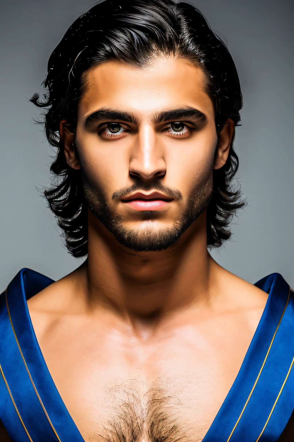 (Nice Brazil guuy Disney prince dark black hair, ojos azules, reflejos llamativos y cara de cimento, piel blanca oliva, piel bronceada. Greek Demigod Warrior A1.2), traje de guerrero romano negro y azul, hiper detallado, ultra sharp, 8k, (incrivelmente detalhado: 1.5), fotografia de corpo completo iro, 20 megapixel, Canon E OS R3, completamente detallado, Demigod Grego