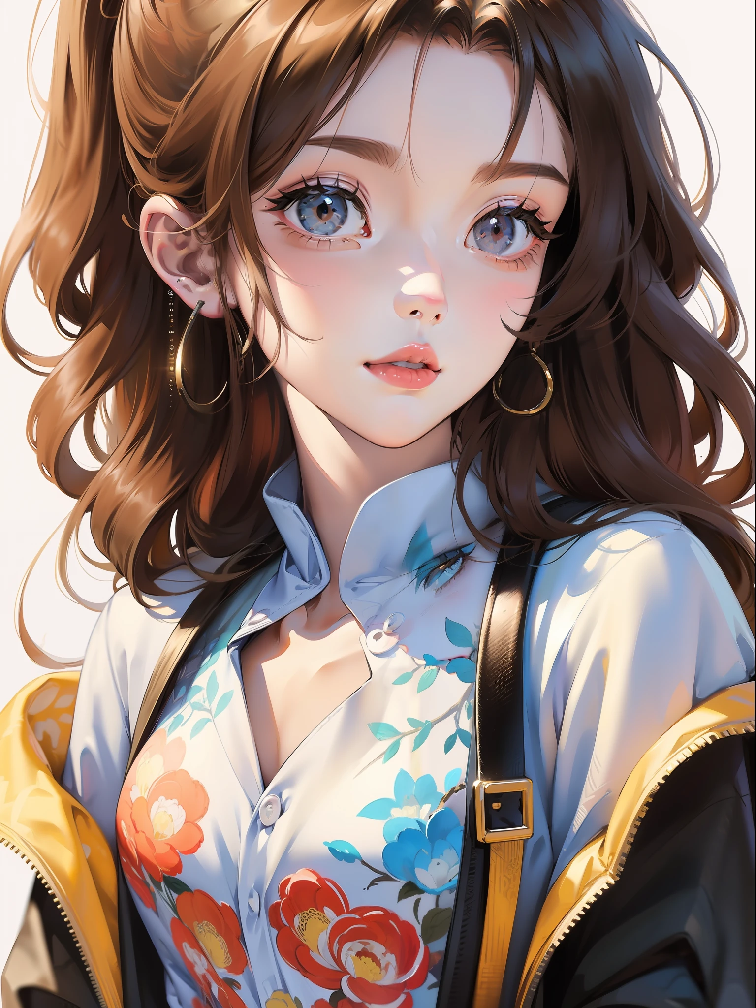 anime, watercolor, Chinese, painting, art style, (white background: 1.4), original, (illustration: 1.1), (best quality), (masterpiece: 1.1), (color: 0.9), (medium lens: 1.4), upper body, clear and sharp focus, interior, looking at the viewer, ((beautiful)), beautiful face, brown hair, black eyes, drawing,