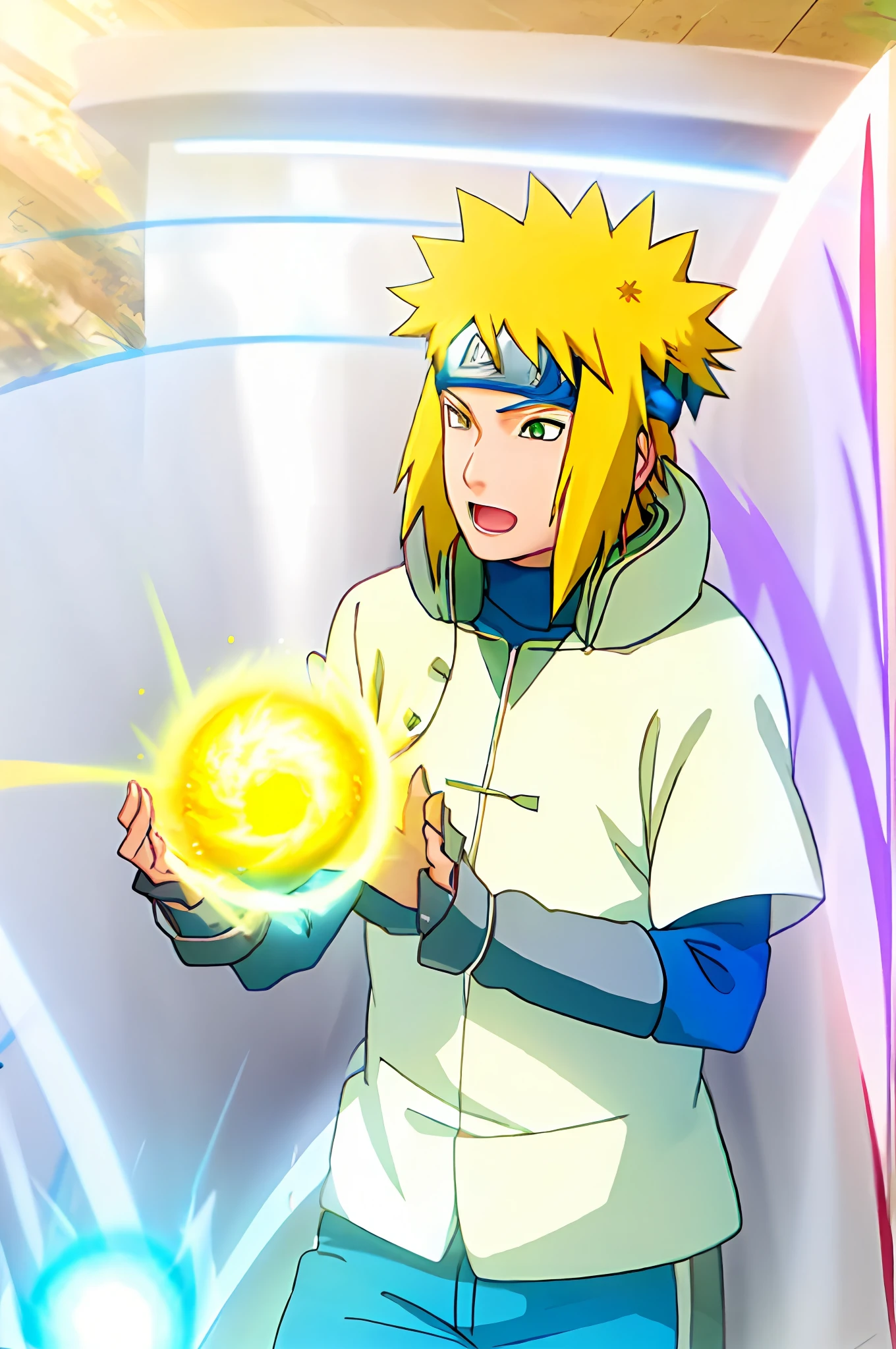 1 boy,spiked hair,yellow hair,energy blue ball,green body armor,blue forehead protector,white short sleeve raincoat,blue sandals,blue pants