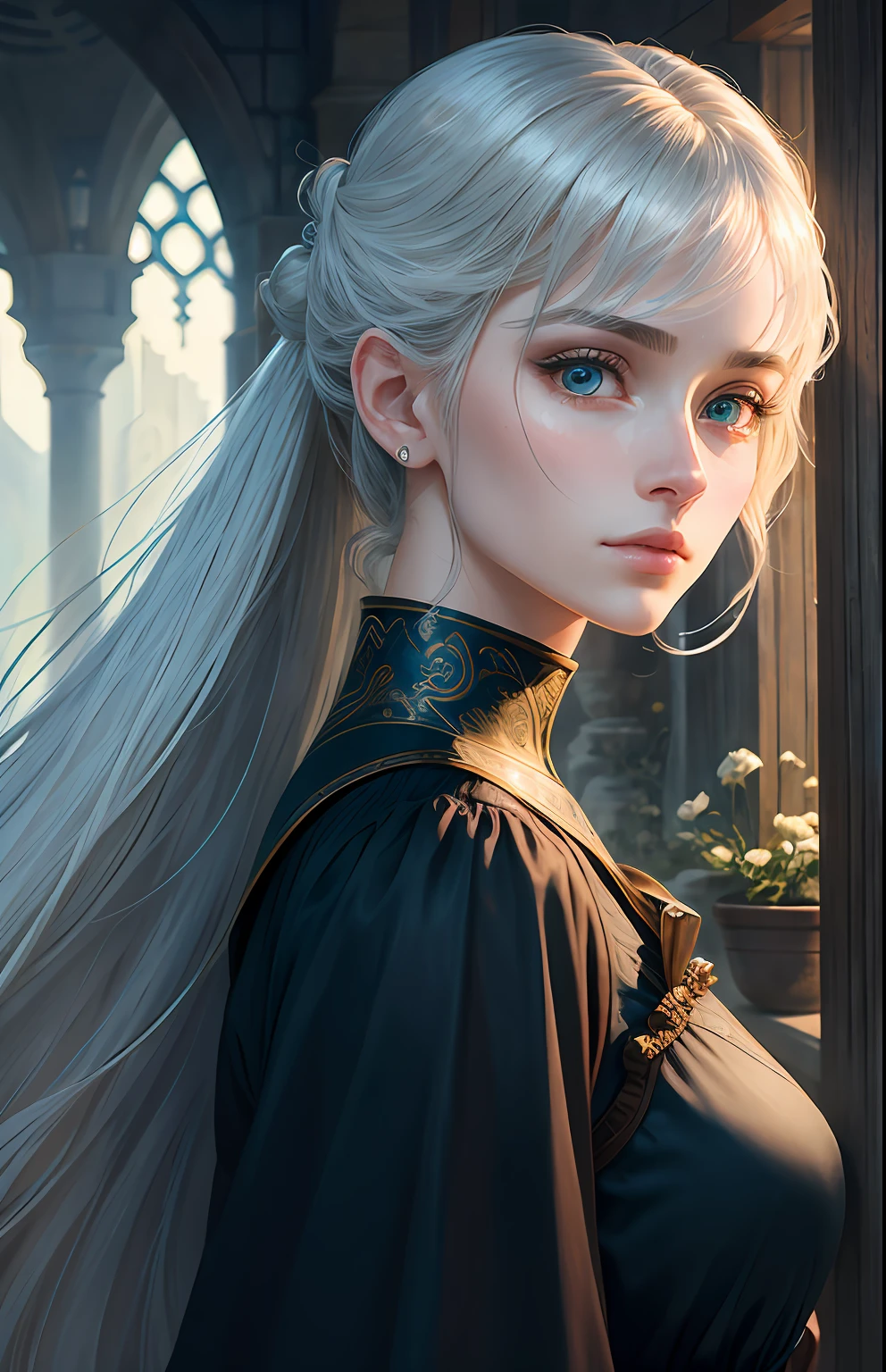 animesque、One Person17Beautiful woman of age、Moisturized eyes、ciri、a picture、androgynous hunnuman、oval jaw、Delicate features、beautiful expression、The hair、Long bangs、long pony tail、Blue eyes with a beautiful glow、LDS Art