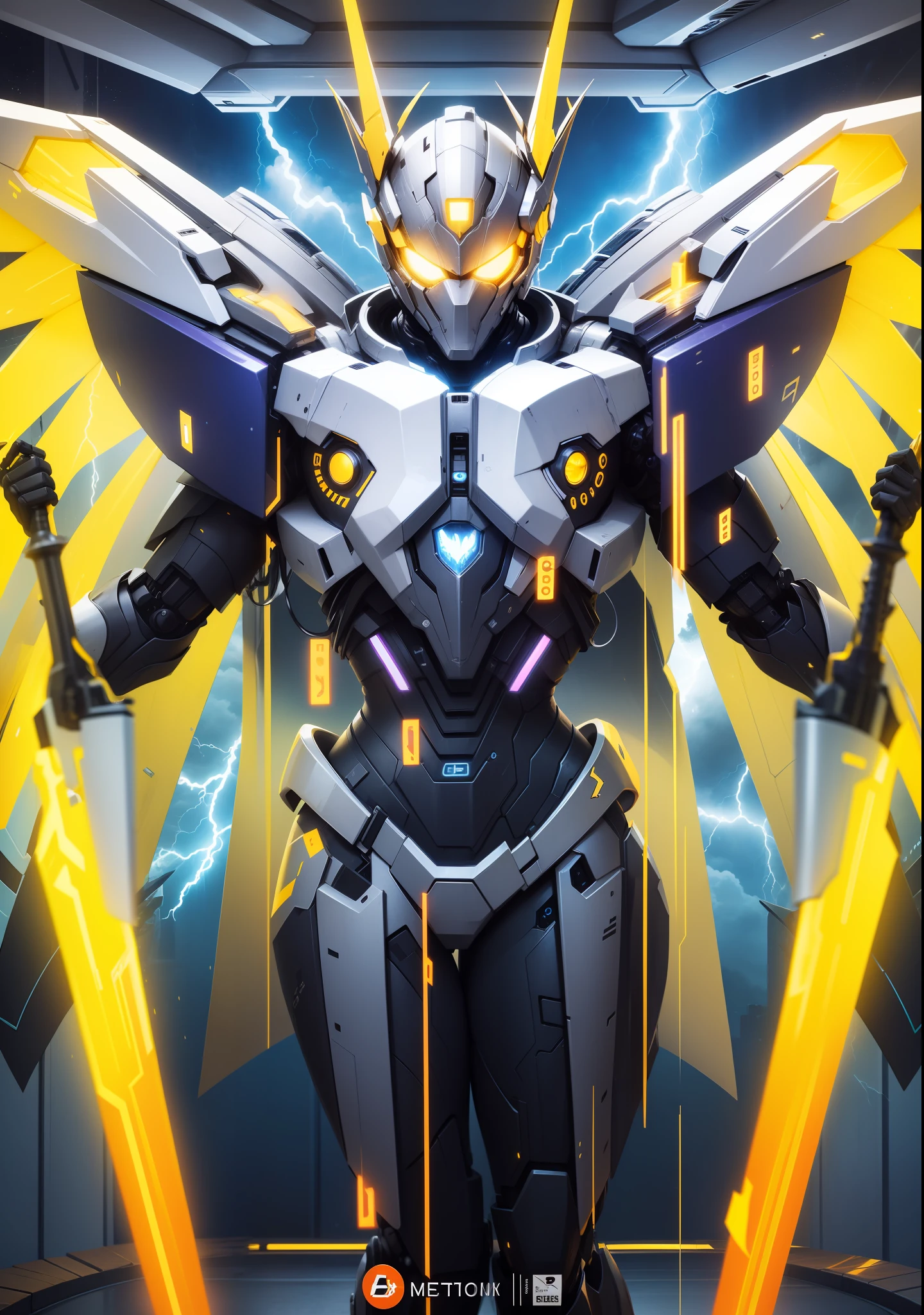 Codename storm, futuristic robots, 2 lightning swords, shinning effects, metalic silver suit, wings, Eagle robots, Ultra detail body parts, 8k, High quality, masterpiece, futuristic effect, realistic