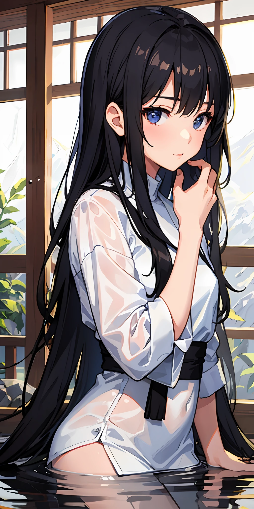 1girl, 黑The eye，Black skin，sportrait, photorealestic, white  shirt (onsen), sidelighting, wallpaper, nsfw,