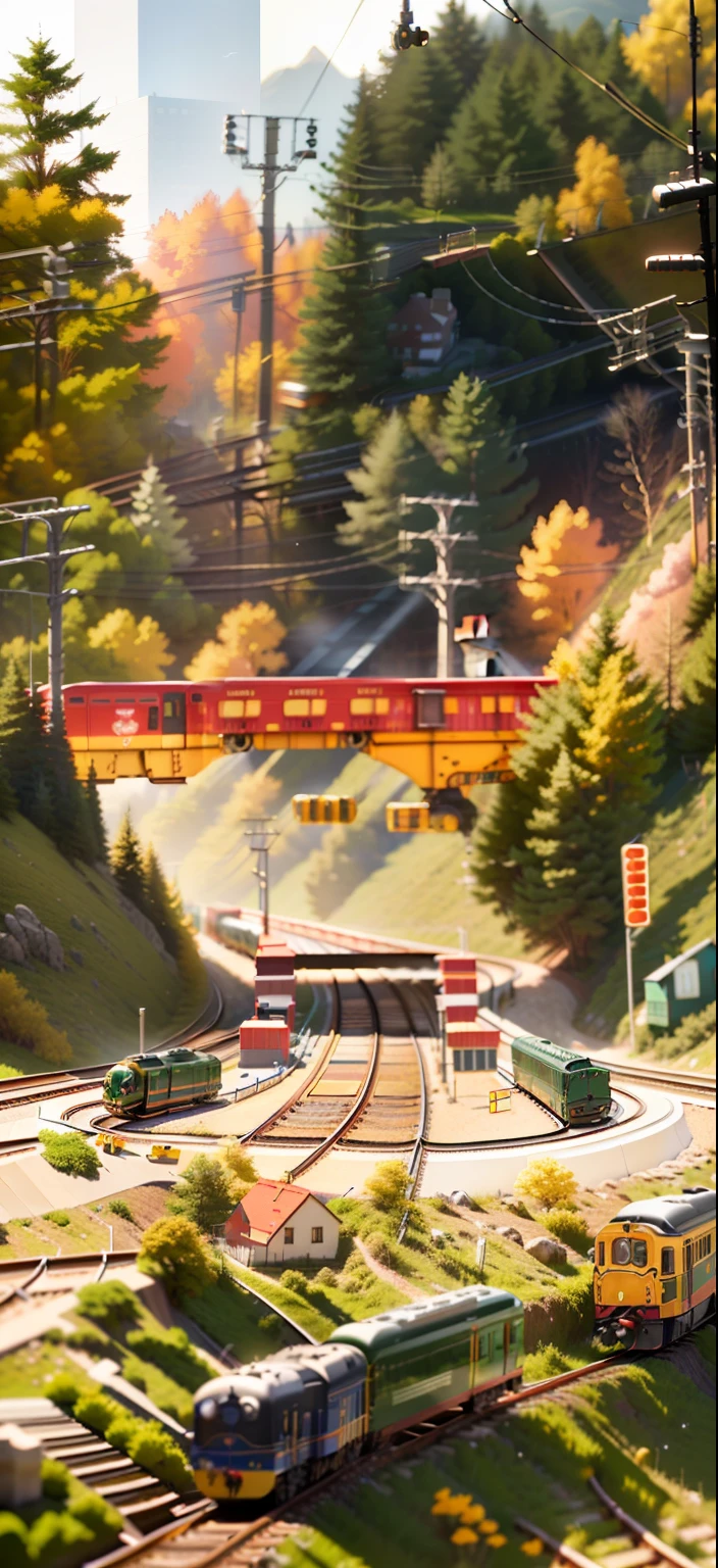 There is a little toy train on the tracks, super rendered in octane render, super detailed octane render, super detailed image, Super high resolution, super detailed render, super scale rendered, Super lens, Super quality, super close up, Superimposed composition, Super detailed picture, super close up shot, music video, perspective 3 d octane render