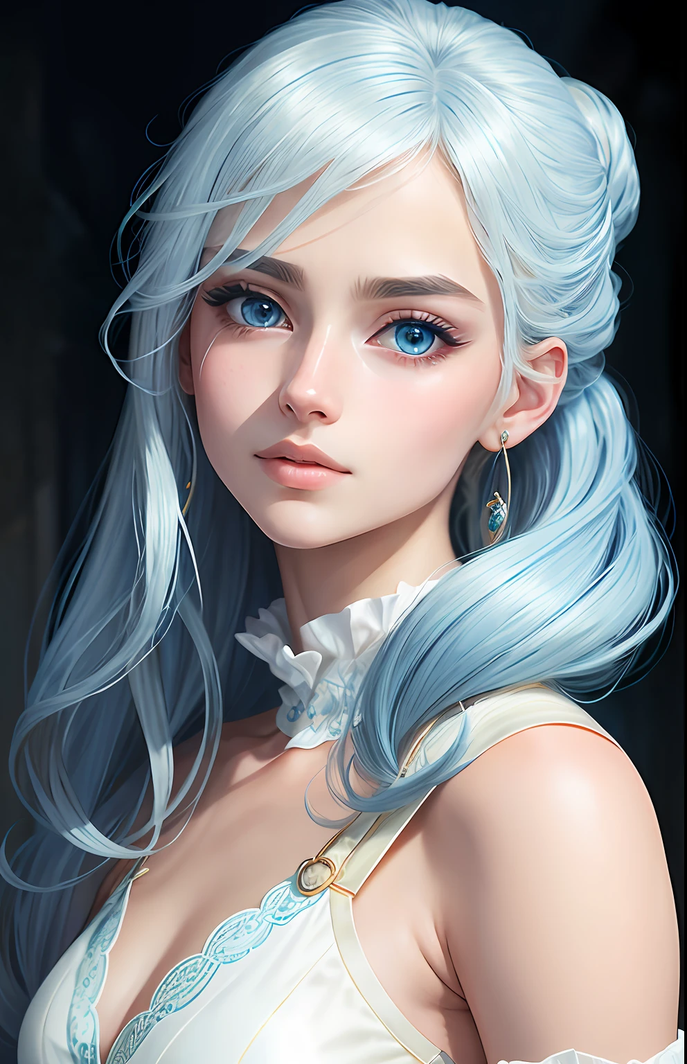 anime styled、One Person１７Beautiful woman of age、Moisturized eyes、ciri、a picture、androgynous hunnuman、oval jaw、Delicate features、beautiful expression、The hair、Long bangs、long pony tail、Blue eyes with a beautiful glow、LDS Art