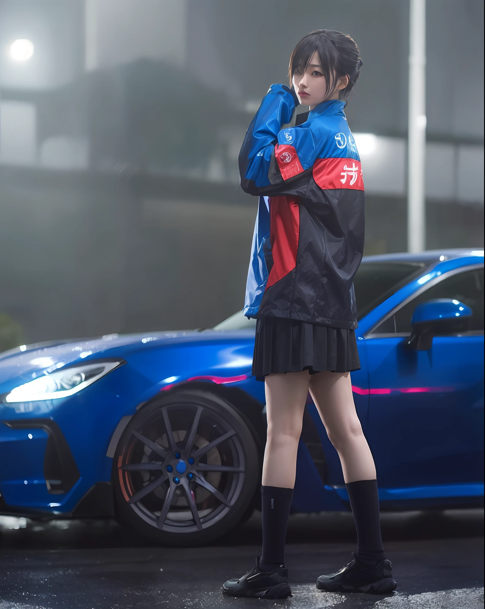 arafed woman in a blue jacket and black skirt standing in front of a blue sports car, wearing japanese techwear, cyberpunk streetwear, takata yamamoto style, tsubasa nakai's style, 2 techwear women, e - girl, wearing cyberpunk streetwear, e-girl, anime girl cosplay, japanese streetwear, photograph of a techwear woman