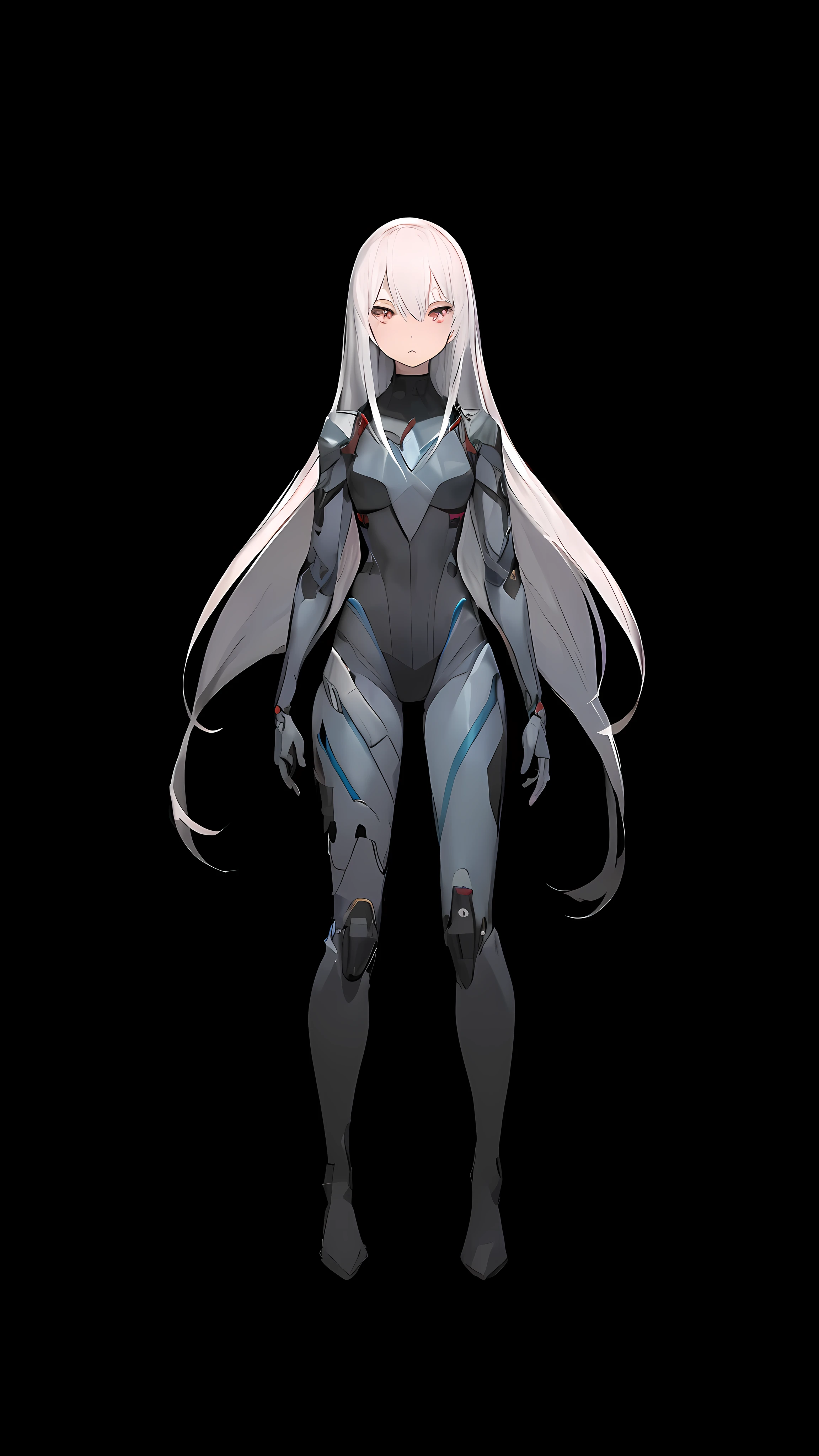 a woman in a bodysuit standing in the dark, silver eyes full body, full body concept, full body concept art, official concept art, cyborg - girl with silver hair, zero two, official character art, humanoid form, symmetry!! concept art, full body character concept, ( ( character concept art ) ), beautiful full body concept art, character design humanoid