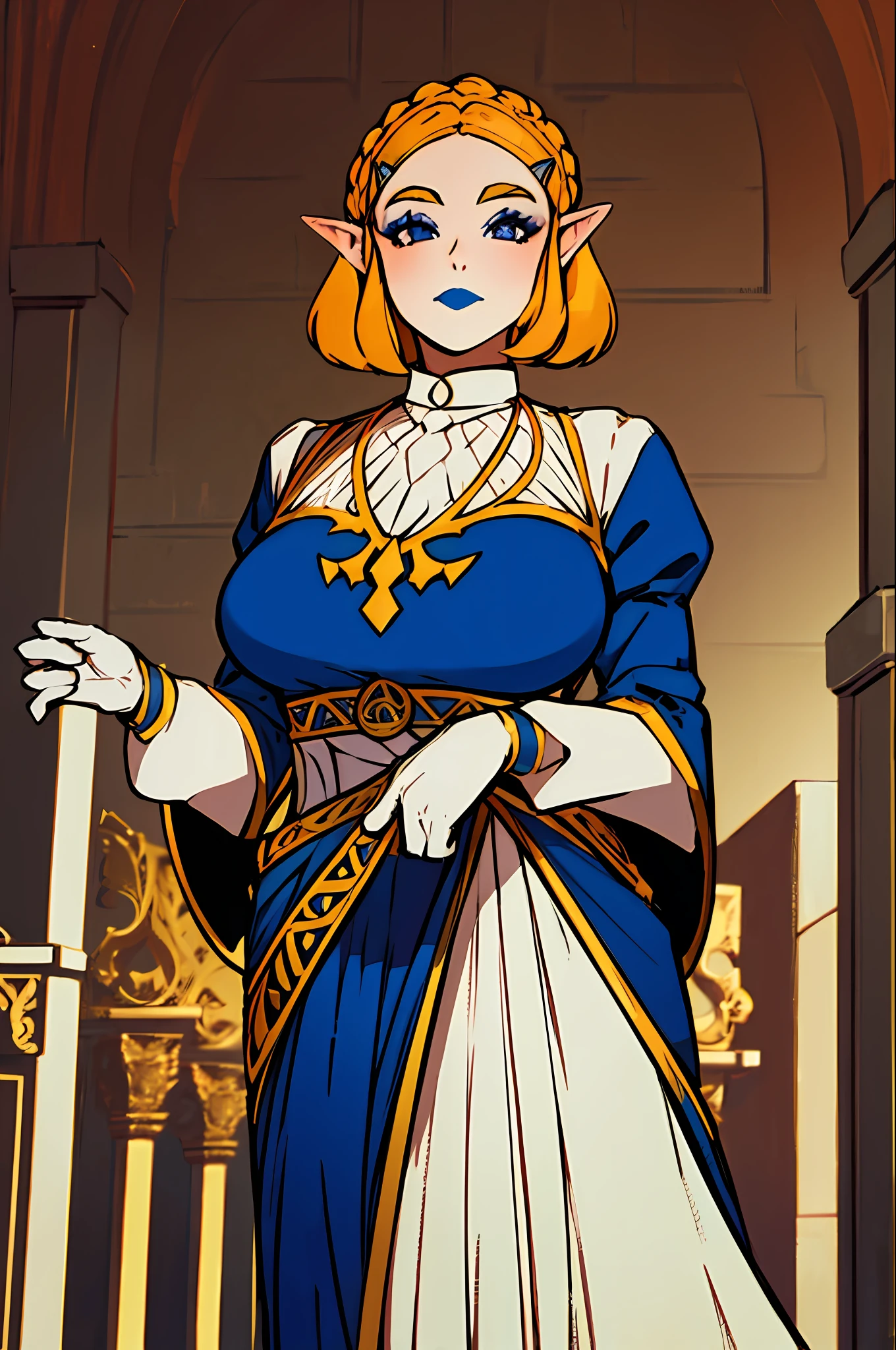 Queen in a royal blue dress standing in a Castle Hall, queen zelda, breath of the wild art style, queen zelda, botw style, zelda with triforce, wearing crown, heavy blue lipstick, Queen Dress, Tapered Dress with corset, Banquet Dress, Queen fancy Makeup, large fancy wide-cuff gloves, white cuff gloves with gold trim, queen crown, wide queen crown