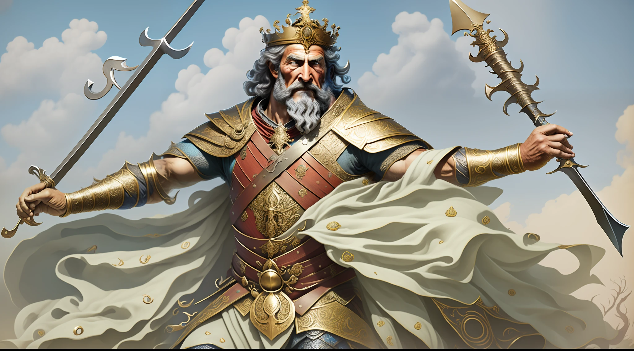 Image of an English man, de barba, bonito, with a sword in his right hand and a scepter in his left hand and a very beautiful crown on his head, de frente a montanhas e a uma vila medieval, com igreja, casas, palace and a wall around the village, arte digital premiada, energetic, (insanamente detalhado:1.5), 20 megapixels, canon eos r3