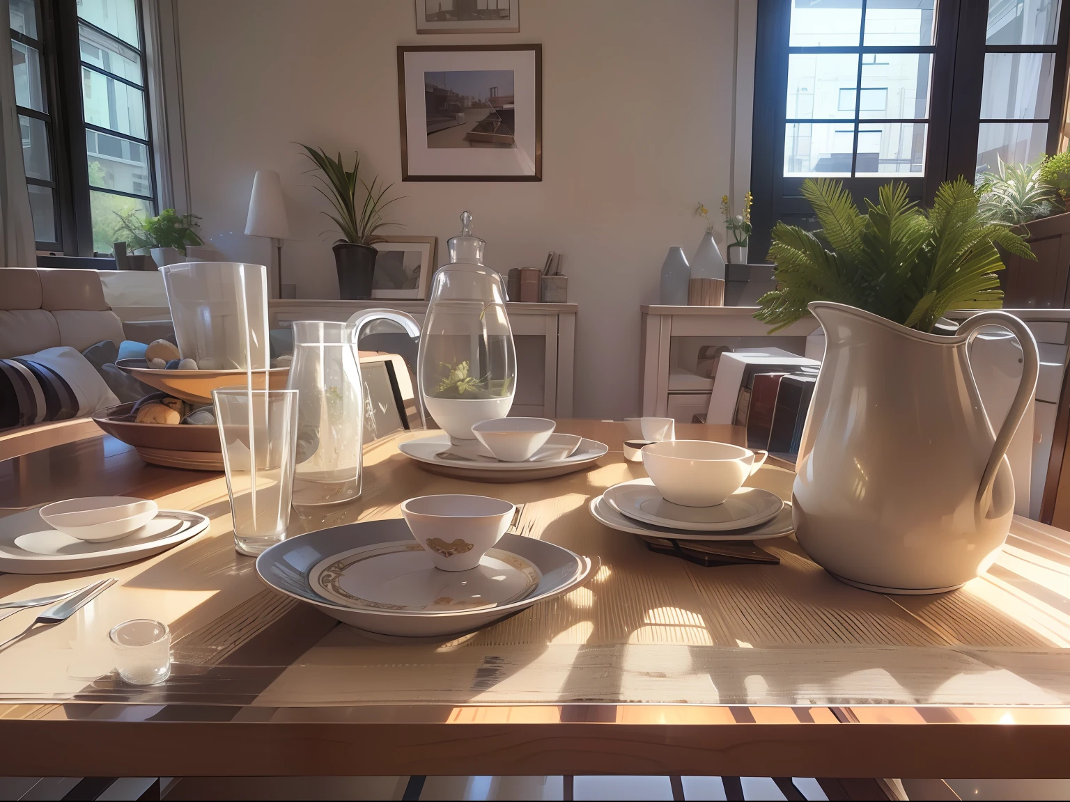 High-detail RAW color photography, Modern loft-style dining room, (higly detailed, hyper-detailing, Entanglement), (lens glare: 0,7), particle fx, ray traced, 电影灯光, Shallow depth of field, photographed with Sony a9 II, 50mm wide angle lens, sharp-focus
