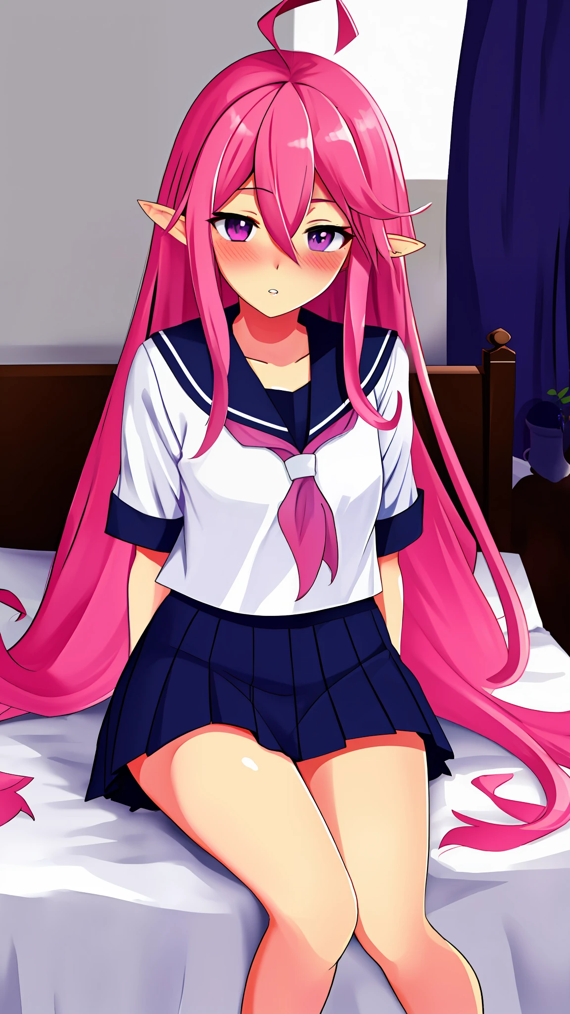 Masterpiece, highres, best quality, Keera, 1girl, pink hair, hair spread out, hair between eyes, very long hair, parted lips, pointy ear, purple eyes,  ahoge, looking at viewer,  blush, bed, bedroom, sitting, sitting on bed, sailor uniform, serafuku, pleated skirt,