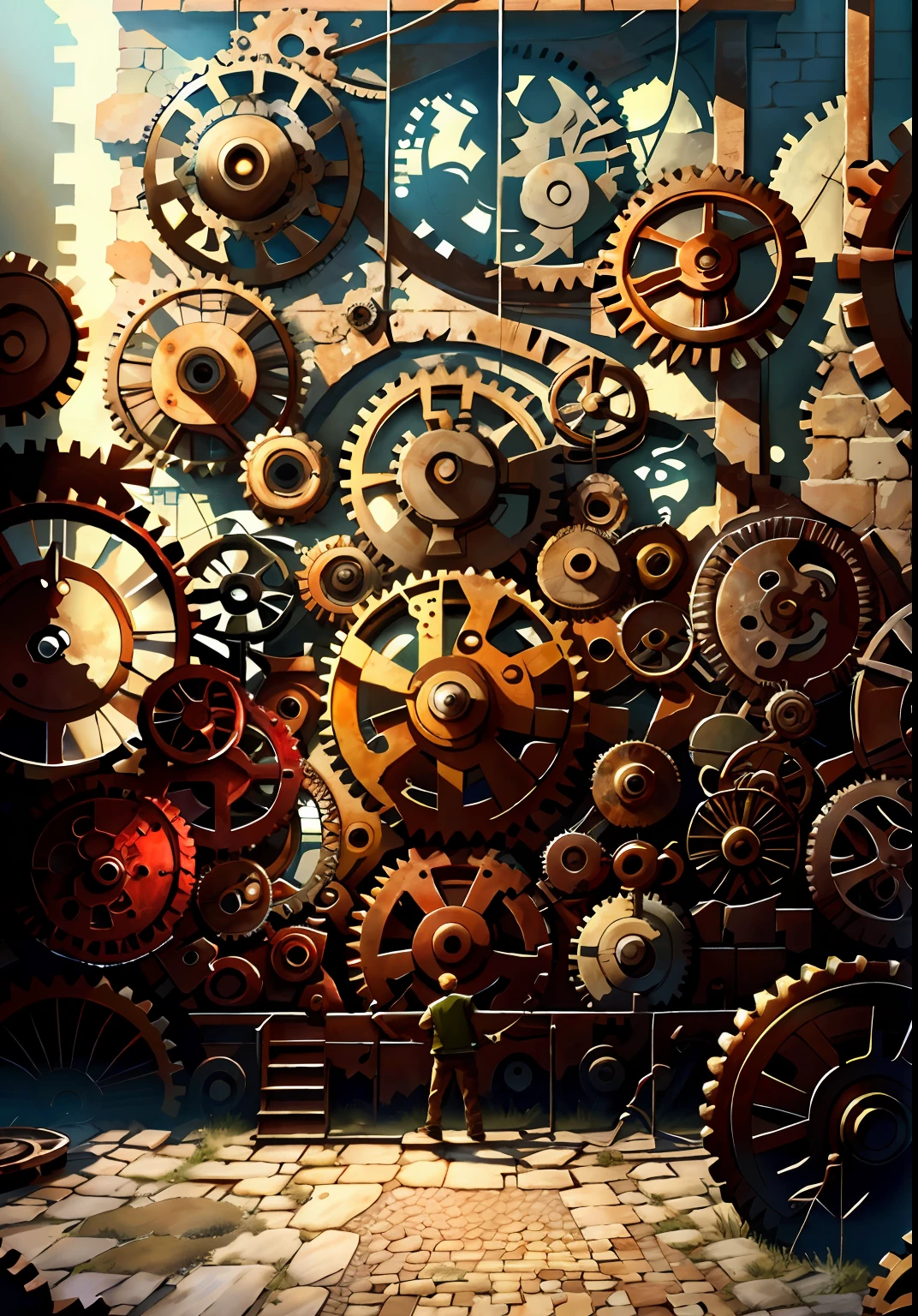 Gear wall，gear wheel，Below stood a very small man，Extra-high walls，frontage，giant things，Look up，