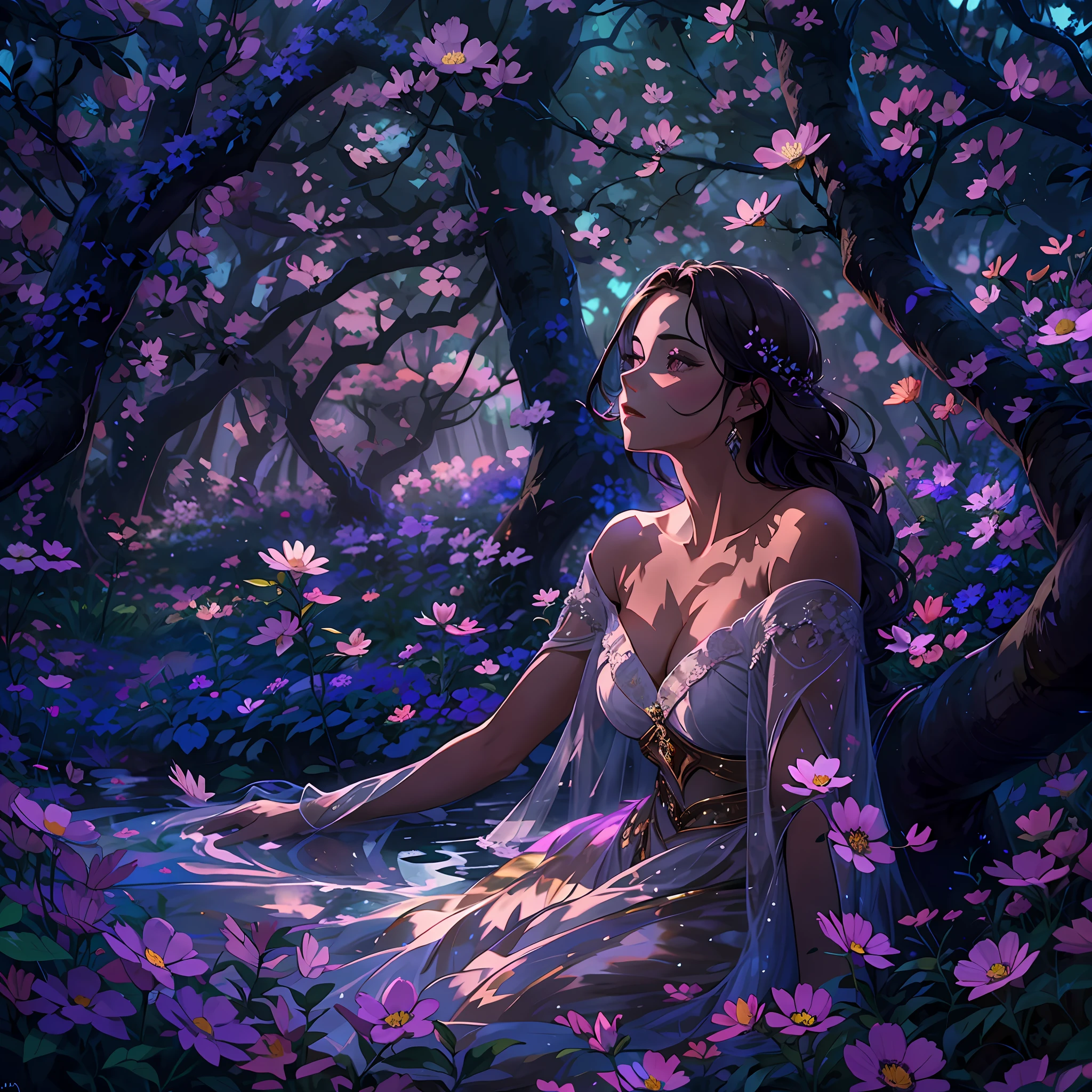 Em um vale isolado encontra-se o Bosque das Flores Encantadas, A kingdom of ethereal beauty. vibrante, flores luminescentes cobrem o fundo do vale, emitindo um brilho suave que ilumina a noite. In the midst of this spectacle is a young woman with flowing brown hair, wearing a dress made of petals. The scene exudes tranquility and awe, as she marvels at the breathtaking beauty. Moonlight filters through the leaves, projetando um brilho suave e criando sombras delicadas. The color palette is pastel, com tons de roxo, blues, e rosas. Orbes flutuantes de luz e borboletas contribuem para o ambiente encantador. This mystical grove is said to be sacred, accessible only to those with pure hearts. It is rumored that the woman would be his tutor, preservando sua beleza e magia. A imagem, uma mistura de fantasia e realismo, retrata uma paisagem hipnotizante e cativante onde a natureza e o encantamento coexistem em perfeita harmonia.