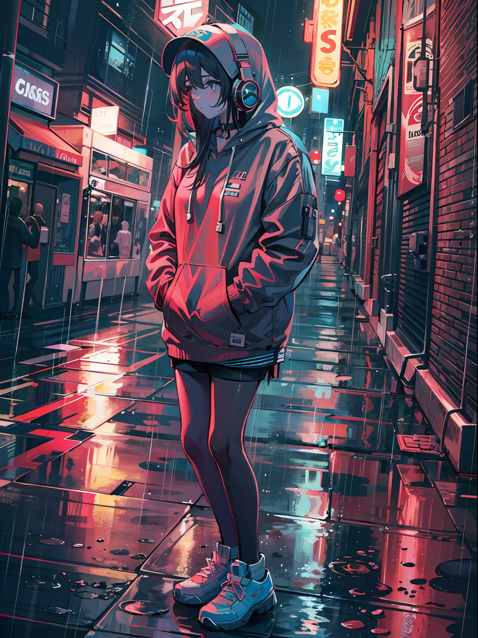 masterpiece, girl alone, solo, incredibly absurd, hoodie, headphones, street, outdoor, rain, neon,