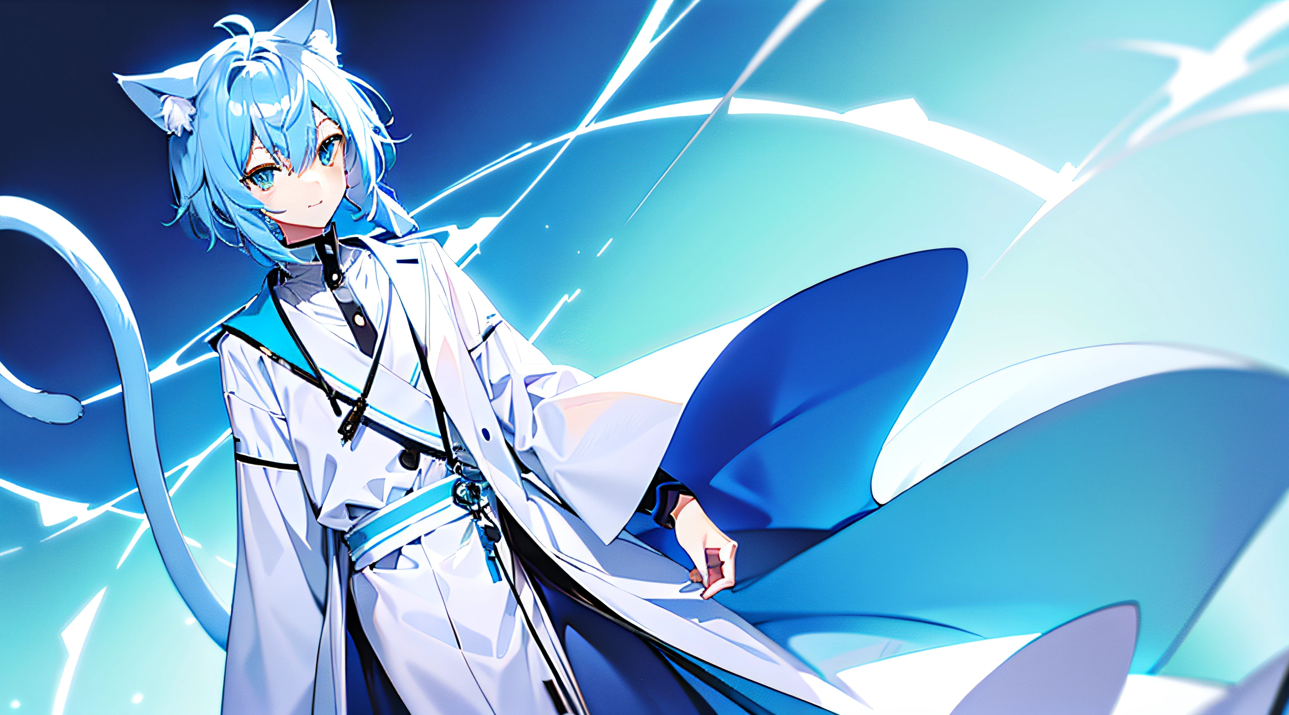 high detal,natural lightting,Light blue background,style of anime,Has blue hair,Two cat ears,A cat's tail,Very lovely,A cat man in wide white clothes,4k wallpaper