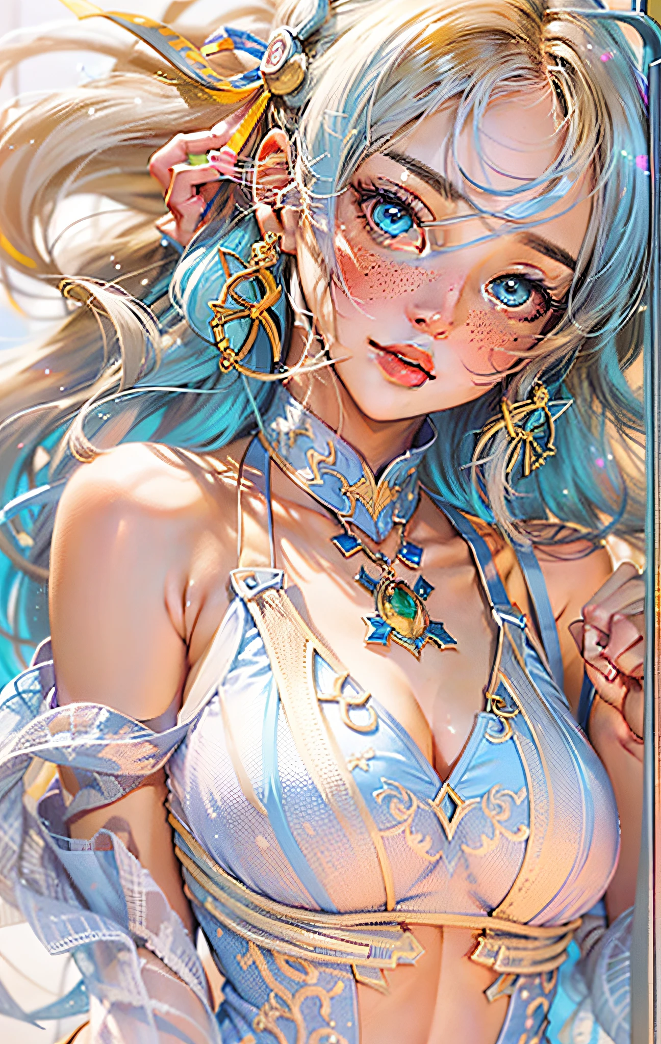((ultra detailed)),((Bright eyes)), (Detailed eyes) , 8k, blink blink, (The Little Faux Freckles Makeupgirl), ((realistic skin)), ((focus detailed 2 straps on the shoulders of dress)) , ((shiny facial skin)), with colorful hair and a colorful dress, rossdraws pastel vibrant, rossdraws cartoon vibrant, style anime 8k, beautiful portrait, artgerm colorful!!!, ! dream artgerm, beautiful anime girl, styled digital art, art wallpaper 8k, digital art, extremely detailed artgerm,