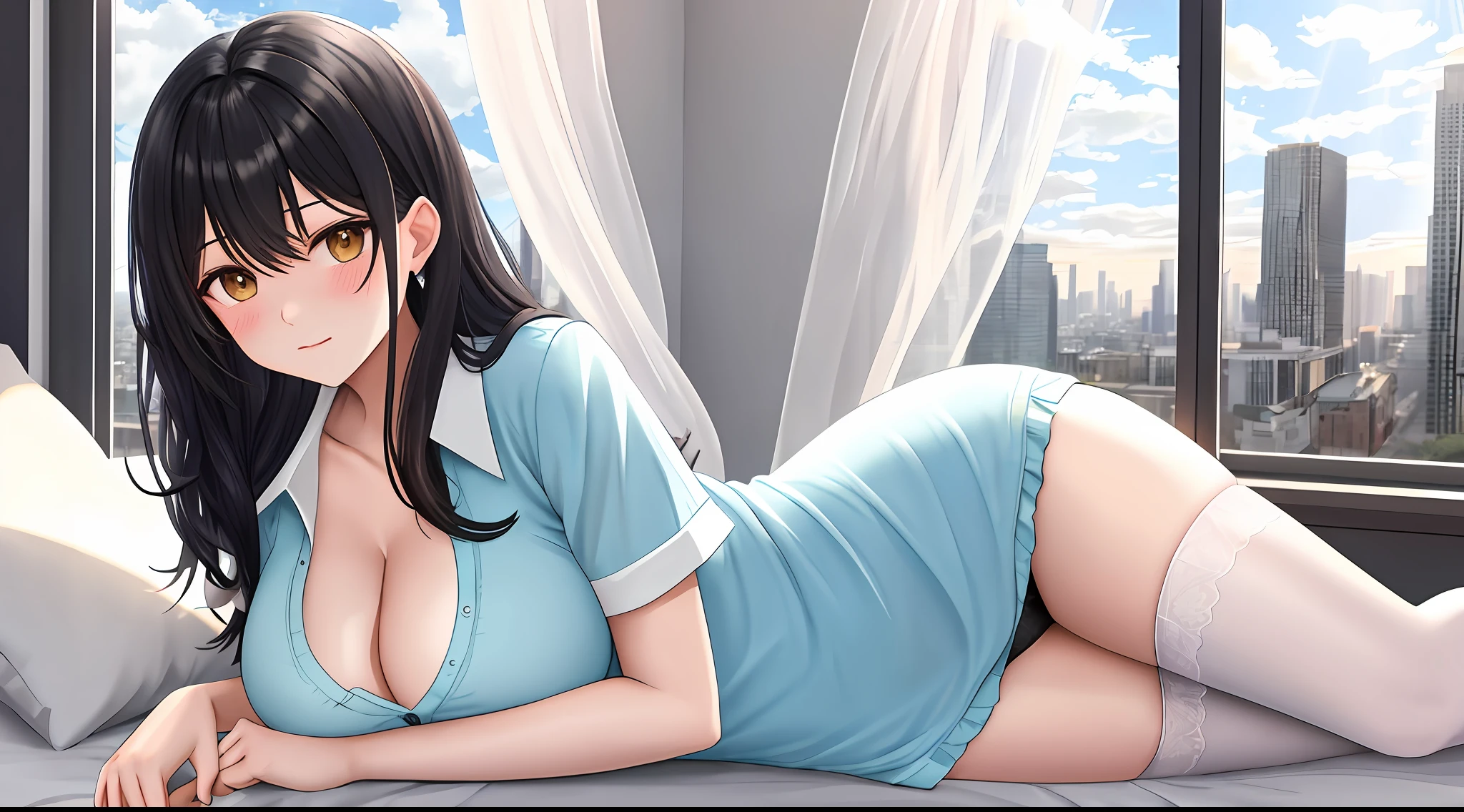 （（tmasterpiece，best qualtiy，ultra - detailed）），POV，（Bedrooms），Morning，（rays of sunshine），janelas，closed curtains，mostly cloudy sky，view over city，1girll，黑The eye，Medium hair，Black hair，（（Messy white shirt）），black lence stockings，（sit on a bed），（Scratch your cheeks），（waking up），full bodyesbian，Flooring，HDR，Large breasts，Expose cleavage