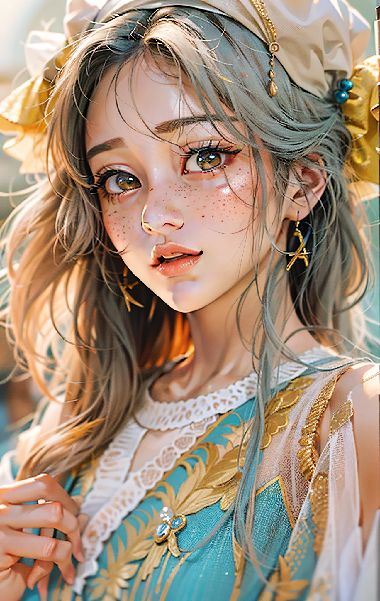 ((ultra detailed)),((Bright eyes)), (Detailed eyes) , 8k, blink blink, (The Little Faux Freckles Makeupgirl), ((realistic skin)), ((focus detailed 2 straps on the shoulders of dress)) , ((shiny facial skin)), with colorful hair and a colorful dress, rossdraws pastel vibrant, rossdraws cartoon vibrant, style anime 8k, beautiful portrait, artgerm colorful!!!, ! dream artgerm, beautiful anime girl, styled digital art, art wallpaper 8k, digital art, extremely detailed artgerm,