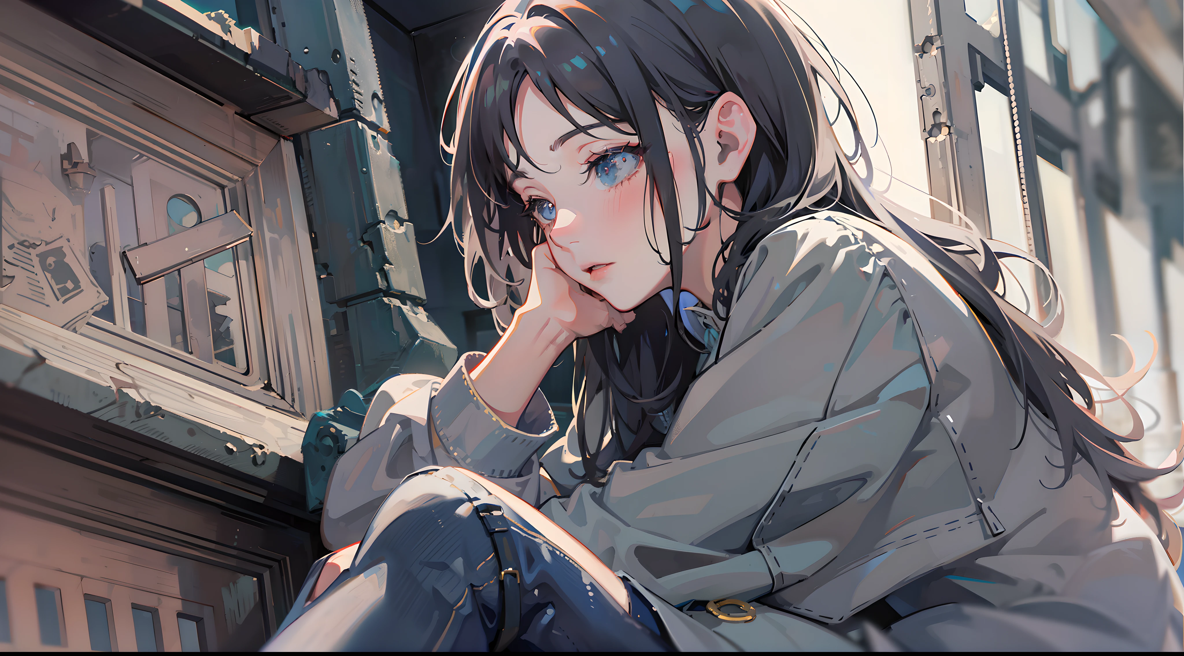 Anime girl sitting on stairs with hands on her face, artwork in the style of guweiz, anime style 4 k, guweiz, realistic anime 3 d style, High quality anime art style, Smooth Anime CG Art, the anime girl is crouching, guweiz on pixiv artstation, Realistic anime art style、Woman sitting on chair in black top and jeans, Baggy pants, dressed with long fluent clothes, wearing a long flowy fabric, casual clothing style、 wearing a baggy, multilayered outfit, Silver and muted colors, Relaxed style, grey Clothes, Pants, baggy, Gray skin. grunge, Styling、Ruins、Buildings eroded by vegetation,hi-school girl、military outfits, guweiz and makoto shinkai, realistic anime 3 d style, Kyoto Animation Style、Blue tie,