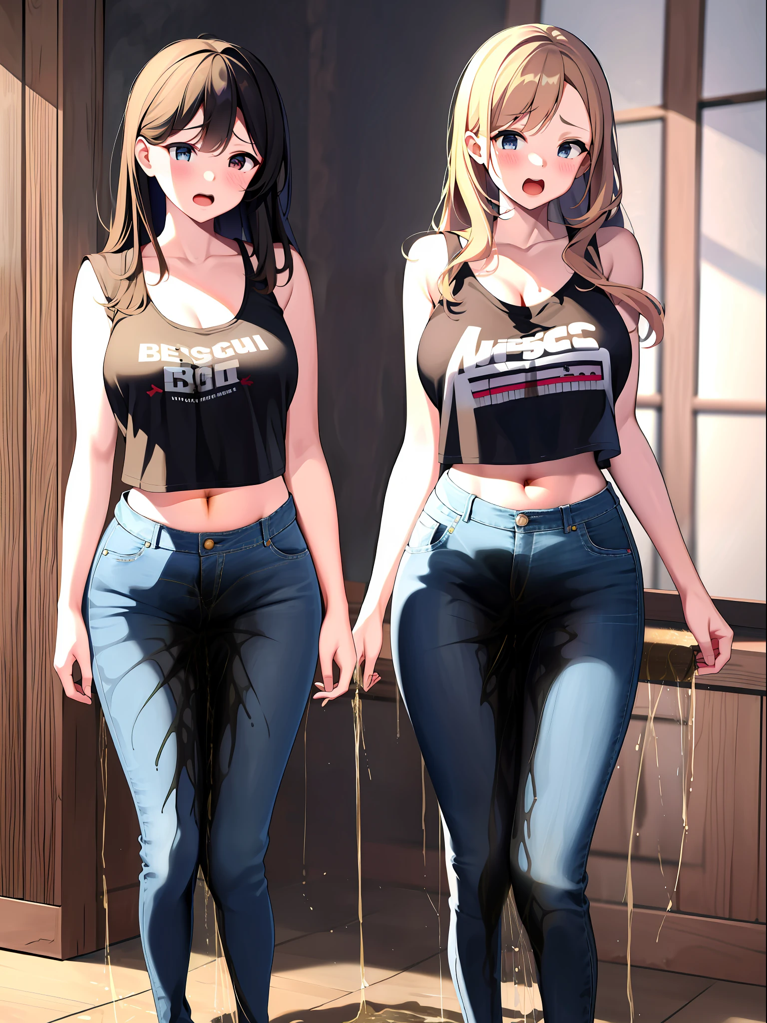 (masterpiece,best quality,high resolution), 3girls, (((jeans pants))), ((full body)), crop top, naval, midriff, blush, worried, open mouth, outside, ((((((big pee stain))))))