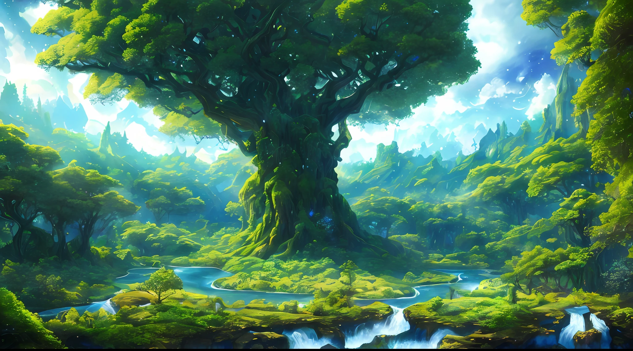 A surrealist one、Otherworldly、Illustration of the super sky scene，Including a huge crystal tree all over the body、Very detailed and magical lighting、Intricate forest details、Vegetation and surrounding rivers、giant tree、Beautiful green leaves、Beautiful lighting and realistic proportions，As if it were a movie backdrop，8k，HighestQuali，tmasterpiece。