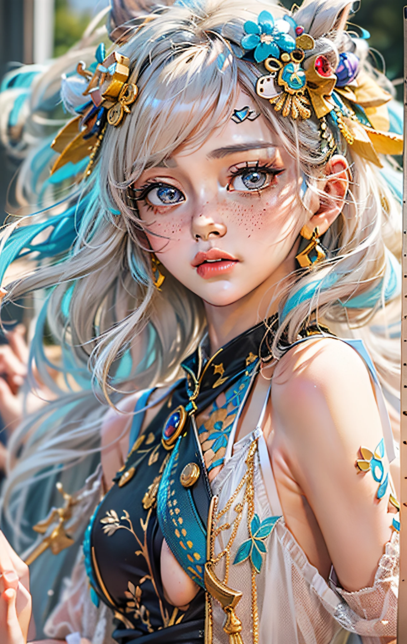 ((ultra detailed)),((Bright eyes)), (Detailed eyes) , 8k, blink blink, (The Little Faux Freckles Makeupgirl), ((realistic skin)), ((focus detailed 2 straps on the shoulders of dress)) , ((shiny facial skin)), with colorful hair and a colorful dress, rossdraws pastel vibrant, rossdraws cartoon vibrant, style anime 8k, beautiful portrait, artgerm colorful!!!, ! dream artgerm, beautiful anime girl, styled digital art, art wallpaper 8k, digital art, extremely detailed artgerm,