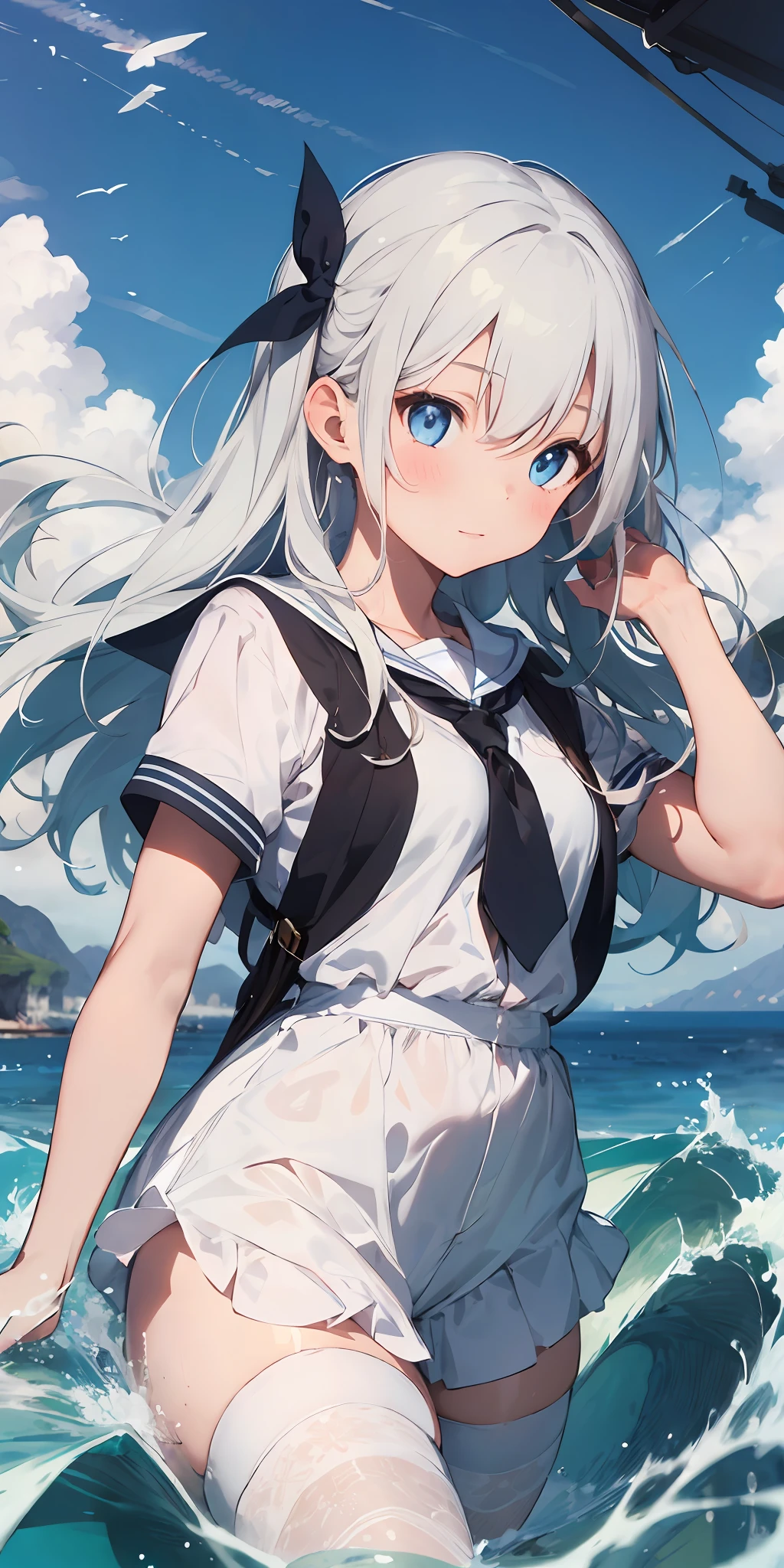 1girl, beautiful detailed eyes, long white hair, blue eyes, school uniform, high white stocking, lustrous skin, seaside, sea, waves, , high contrast, ((masterpiece, best quality))