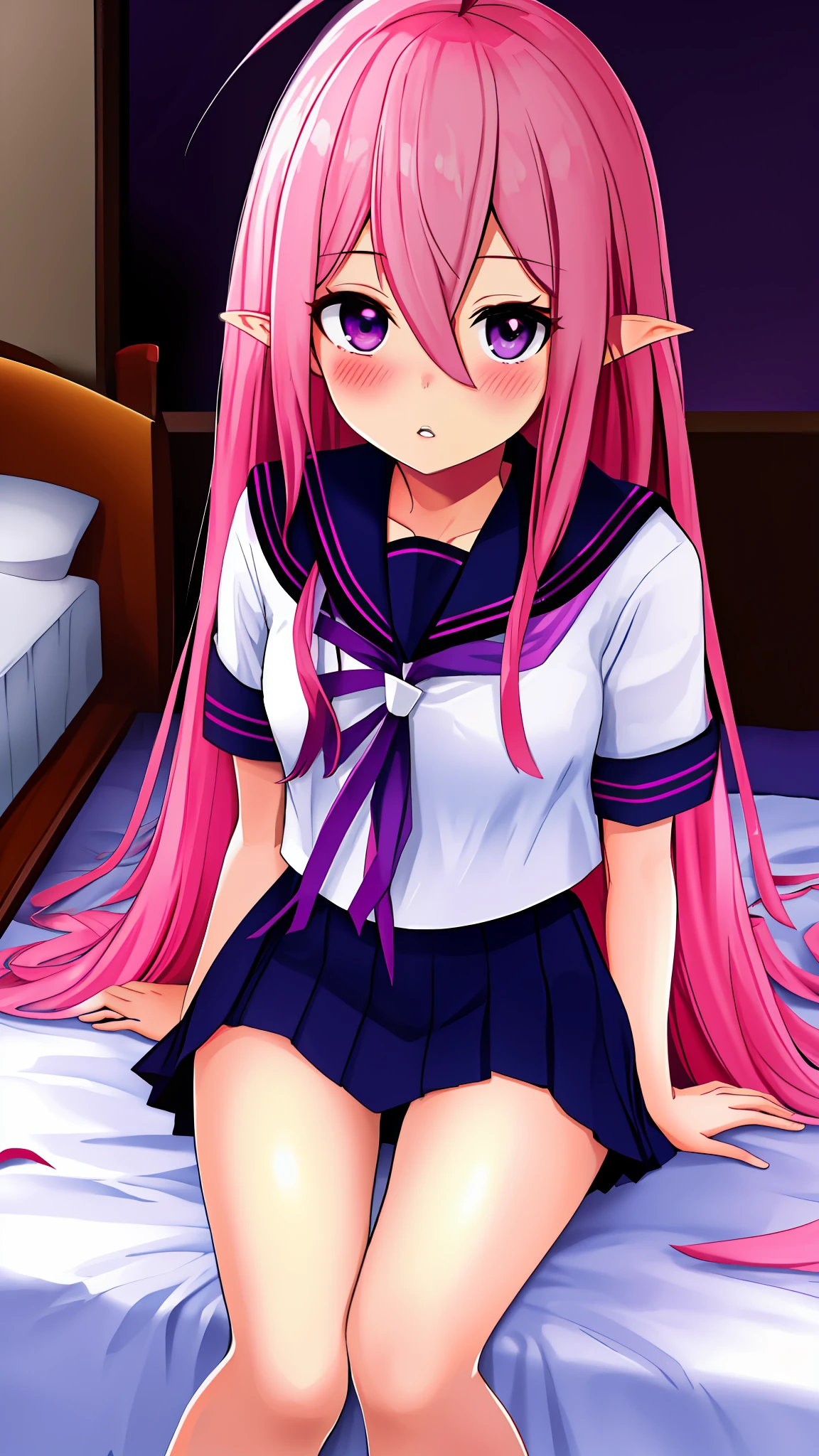 Masterpiece, highres, best quality, Keera, 1girl, pink hair, hair spread out, hair between eyes, very long hair, parted lips, pointy ear, purple eyes,  ahoge, looking at viewer,  blush, bed, bedroom, sitting, sitting on bed, sailor uniform, serafuku, pleated skirt,