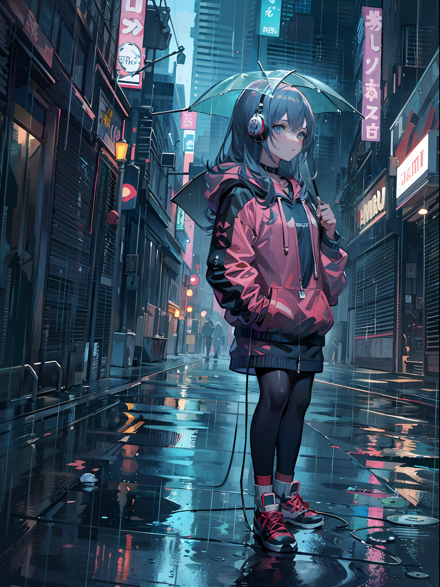 masterpiece, girl alone, solo, incredibly absurd, hoodie, headphones, street, outdoor, rain, neon,