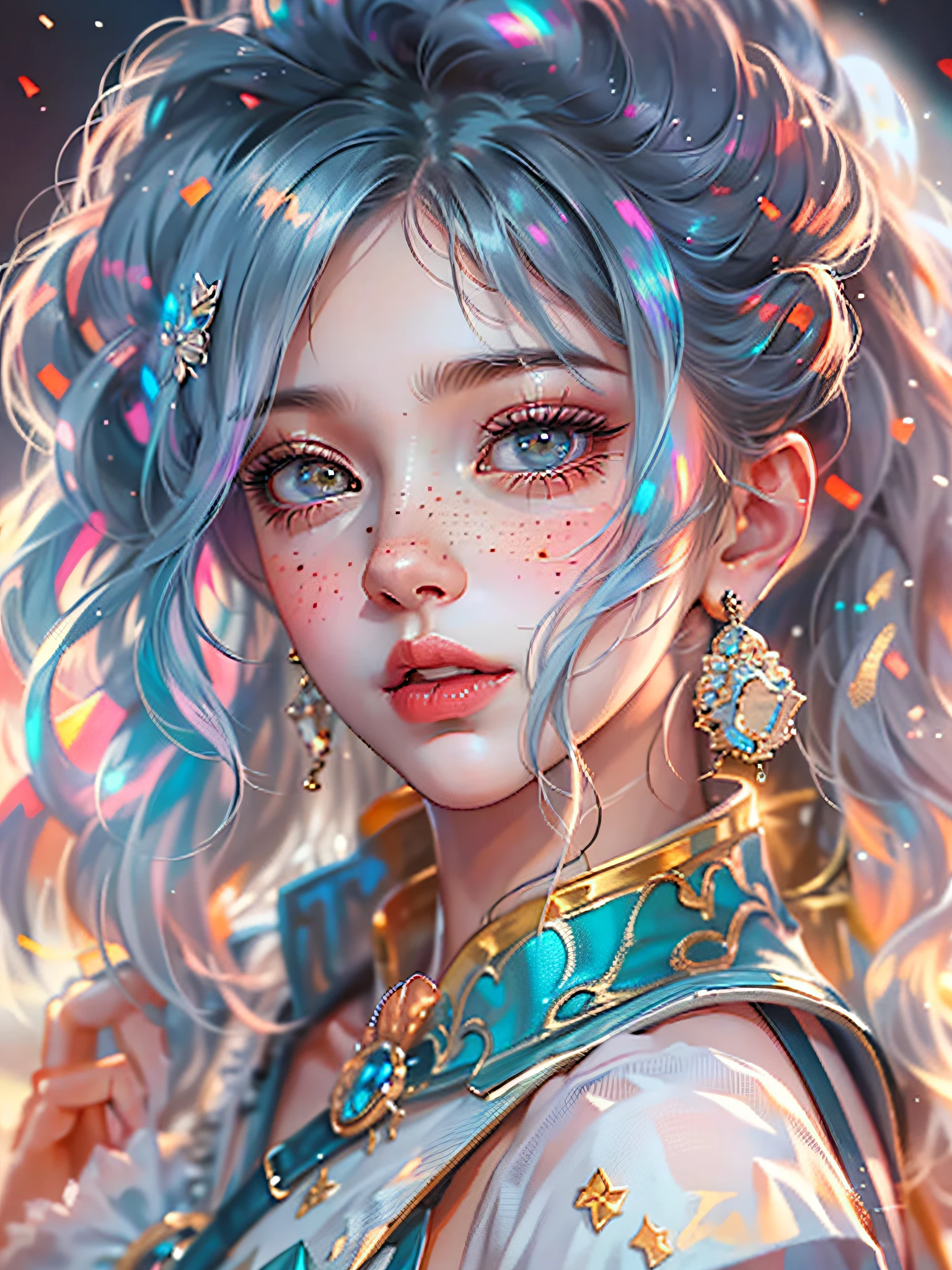 ((ultra detailed)),((Bright eyes)), (Detailed eyes) , 8k, blink blink, (The Little Faux Freckles Makeupgirl), ((realistic skin)), ((focus detailed 2 straps on the shoulders of dress)) , ((shiny facial skin)), with colorful hair and a colorful dress, rossdraws pastel vibrant, rossdraws cartoon vibrant, style anime 8k, beautiful portrait, artgerm colorful!!!, ! dream artgerm, beautiful anime girl, styled digital art, art wallpaper 8k, digital art, extremely detailed artgerm,