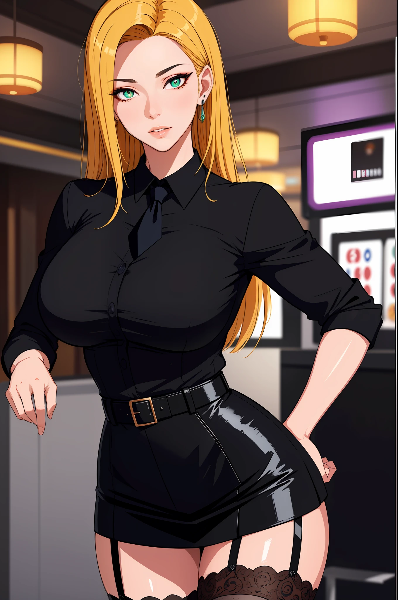 (masterpiece, highres, best quality:1.2), 8K, highly detailed, intricate, colorful, vibrant image, sharp focus, cinematic)  blonde hair, long hair, green eyes, body builder (Wearing black business outfit, black_collared shirt cropped jacket ,tie,necktie,black frilled skirt, garter straps, leather waist belt) (big perfect round breasts,hourglass body, thin waist,very thin waist, Photo realistic,(hyperrealistic:1)beautiful, masterpiece, best quality, extremely detailed face,perfect face,beautiful face, perfect lighting,detailed eye makeup, detail face, nice detailed eyes,nice hands, perfect hands,glowing eyes (realistic pupils,realistic iris:1) heavy eye makeup,(empty Casino)(Posing dynamically)