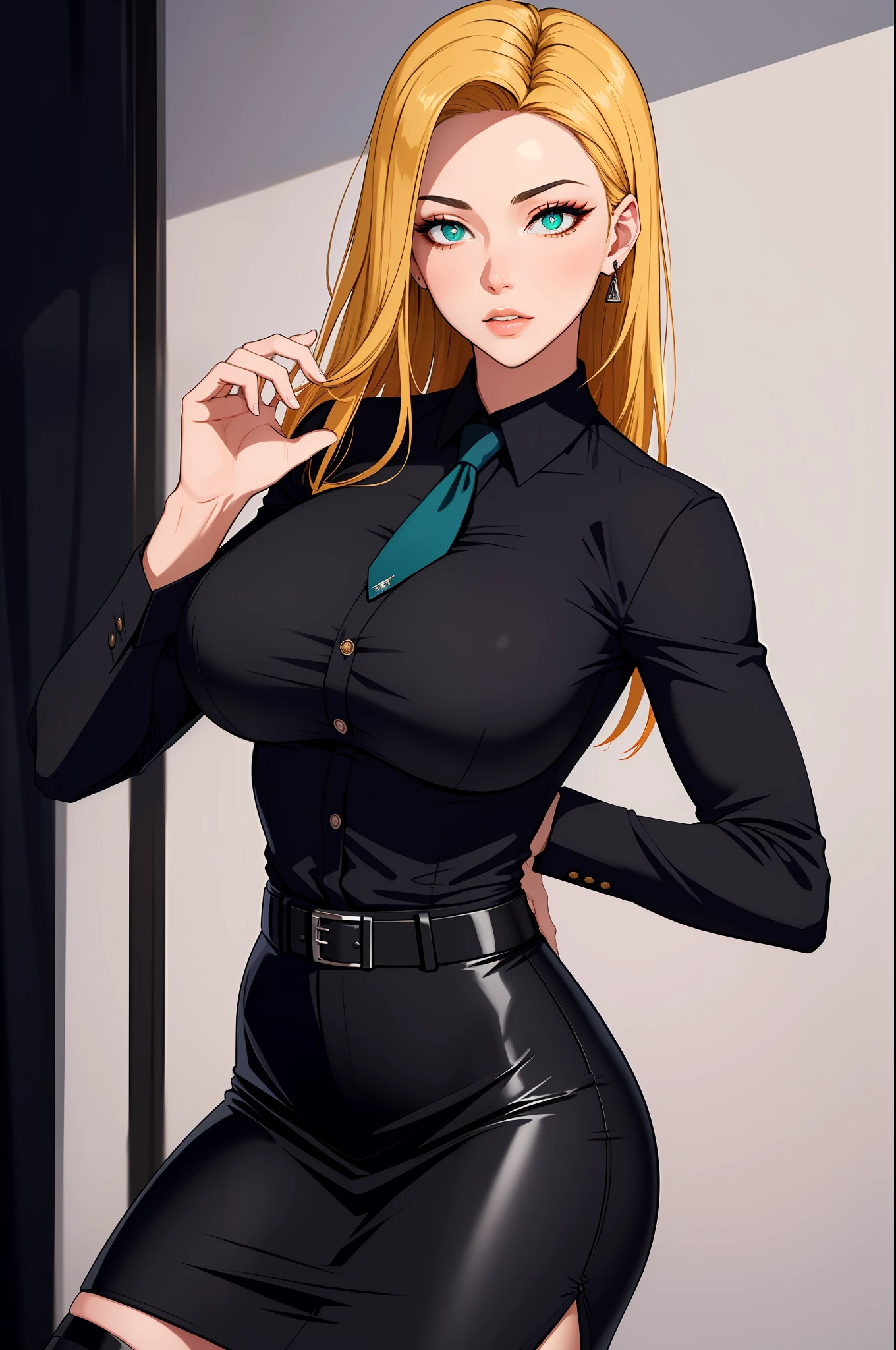 (masterpiece, highres, best quality:1.2), 8K, highly detailed, intricate, colorful, vibrant image, sharp focus, cinematic)  blonde hair, long hair, green eyes, body builder (Wearing black business outfit, black_collared shirt cropped jacket ,tie,necktie,black frilled skirt, garter straps, leather waist belt) (big perfect round breasts,hourglass body, thin waist,very thin waist, Photo realistic,(hyperrealistic:1)beautiful, masterpiece, best quality, extremely detailed face,perfect face,beautiful face, perfect lighting,detailed eye makeup, detail face, nice detailed eyes,nice hands, perfect hands,glowing eyes (realistic pupils,realistic iris:1) heavy eye makeup,(empty Casino)(Posing dynamically)