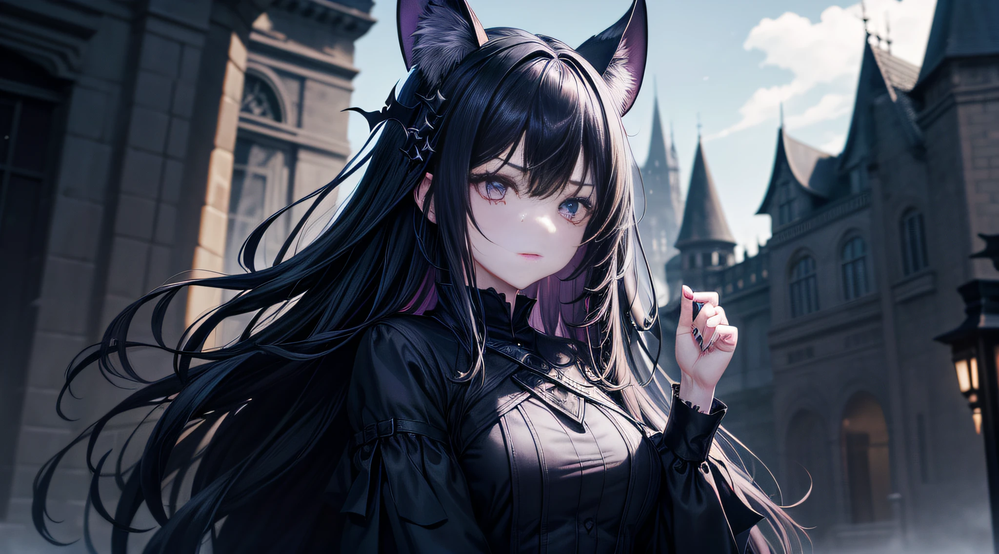 The spooky castle has a dark loli、A pair of bright and deep、Big mysterious eyes,The eyes reveal an invincible temperament。 ccurateblack hair:Her hair is jet black,May be trimmed into short or fluffy curls,Give her a wild and mysterious image。 Wearing some peculiar hair accessories,If there is a bat shaped hairpin、Headgear or pins, etc、Wear black or dark purple clothing,to highlight her dark style。You may wear a black dress or a black long-sleeved top with a dark skirt、There may be some peculiar patterns or tattoos on the clothing,Like skeletons、serpent、Crows, etc、Mysterious and eerie feeling、Wear black tall boots or pair them with fishnet socks,Rebellious and solemn atmosphere、Wear a black cape or cloak in cold weather、Delicate face、(CG Unity 8K wallpaper in extreme detail,tmasterpiece,Highest image quality),(Delicate light and shadow,The picture is highly dramatic,Cinematic lens effect),