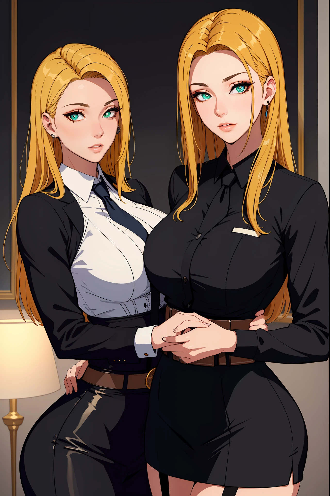 (masterpiece, highres, best quality:1.2), 8K, highly detailed, intricate, colorful, vibrant image, sharp focus, cinematic) blonde hair, long hair, green eyes, body builder (Wearing black business outfit, black_collared shirt cropped jacket ,tie,necktie,black frilled skirt, garter straps, leather waist belt) (big perfect round breasts,hourglass body, thin waist,very thin waist, Photo realistic,(hyperrealistic:1)beautiful, masterpiece, best quality, extremely detailed face,perfect face,beautiful face, perfect lighting,detailed eye makeup, detail face, nice detailed eyes,nice hands, perfect hands,glowing eyes (realistic pupils,realistic iris:1) heavy eye makeup,(empty Casino)(Posing dynamically)