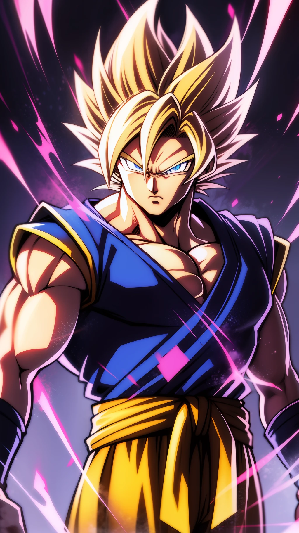 Son goku super sayajin looking at viewer, serious face. aura of power. Muscles. soft light. digital art. 90's anime traits