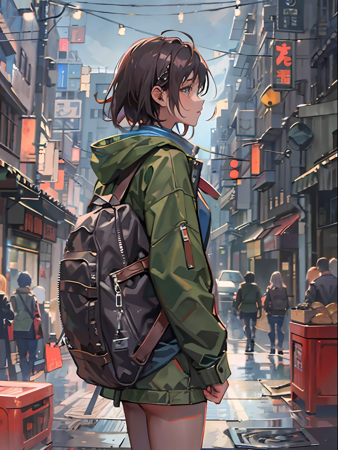 1girl in, jaket, Sateen, plein air, parka, Open jacket, chain, rucksack, Look at another one, hair messy, Trending on ArtStation, 8K分辨率, Highly detailed and anatomically correct, Sharp Images, digitial painting, concept-art, trending on pixiv, style of makoto shinkai,Buttocks、The base of the thigh,Bread chira