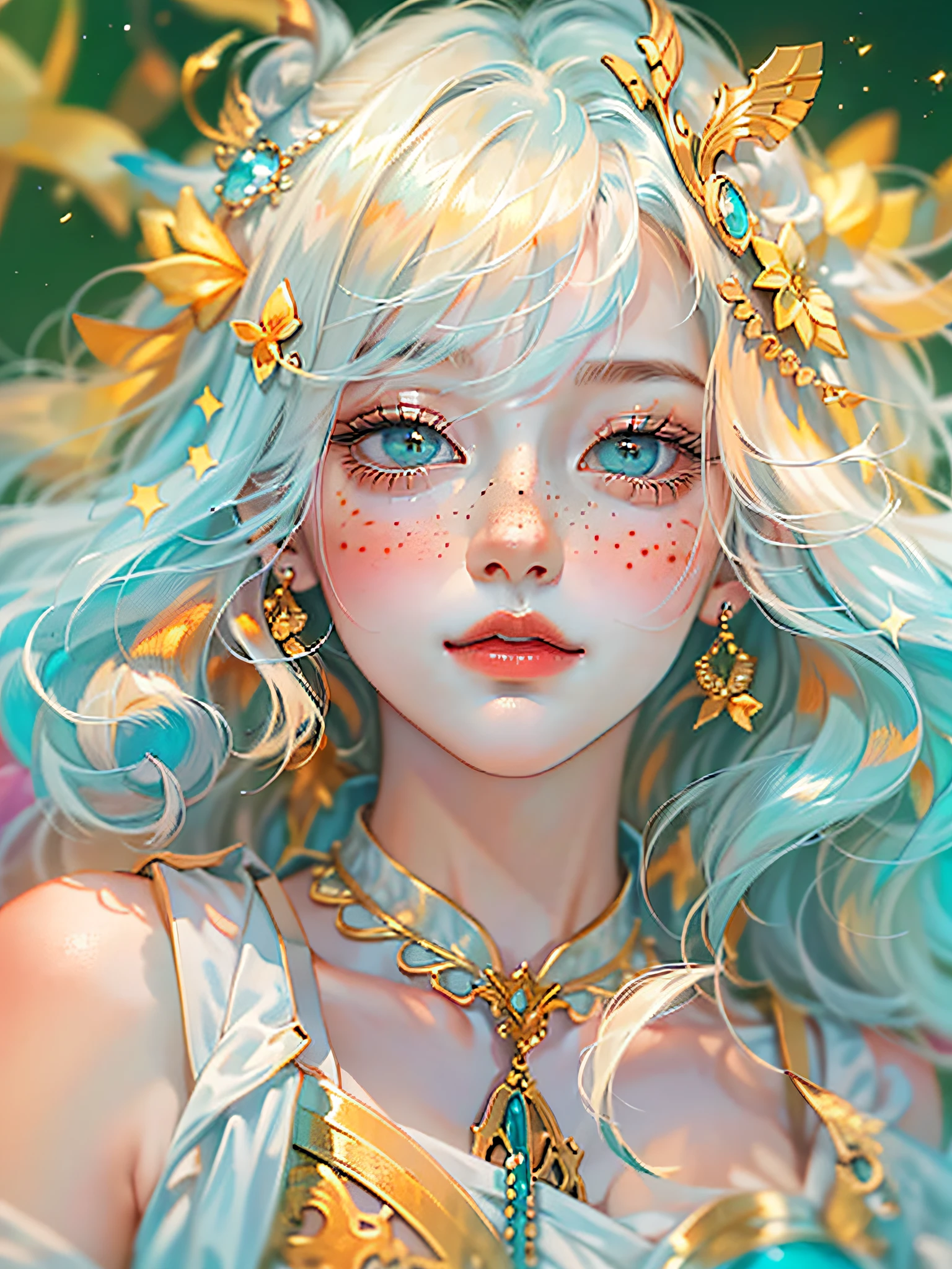 ((ultra detailed)),((Bright eyes)), (Detailed eyes) , 8k, blink blink, (The Little Faux Freckles Makeupgirl), ((realistic skin)), ((focus detailed 2 straps on the shoulders of dress)) , ((shiny facial skin)), with colorful hair and a colorful dress, rossdraws pastel vibrant, rossdraws cartoon vibrant, style anime 8k, beautiful portrait, artgerm colorful!!!, ! dream artgerm, beautiful anime girl, styled digital art, art wallpaper 8k, digital art, extremely detailed artgerm,